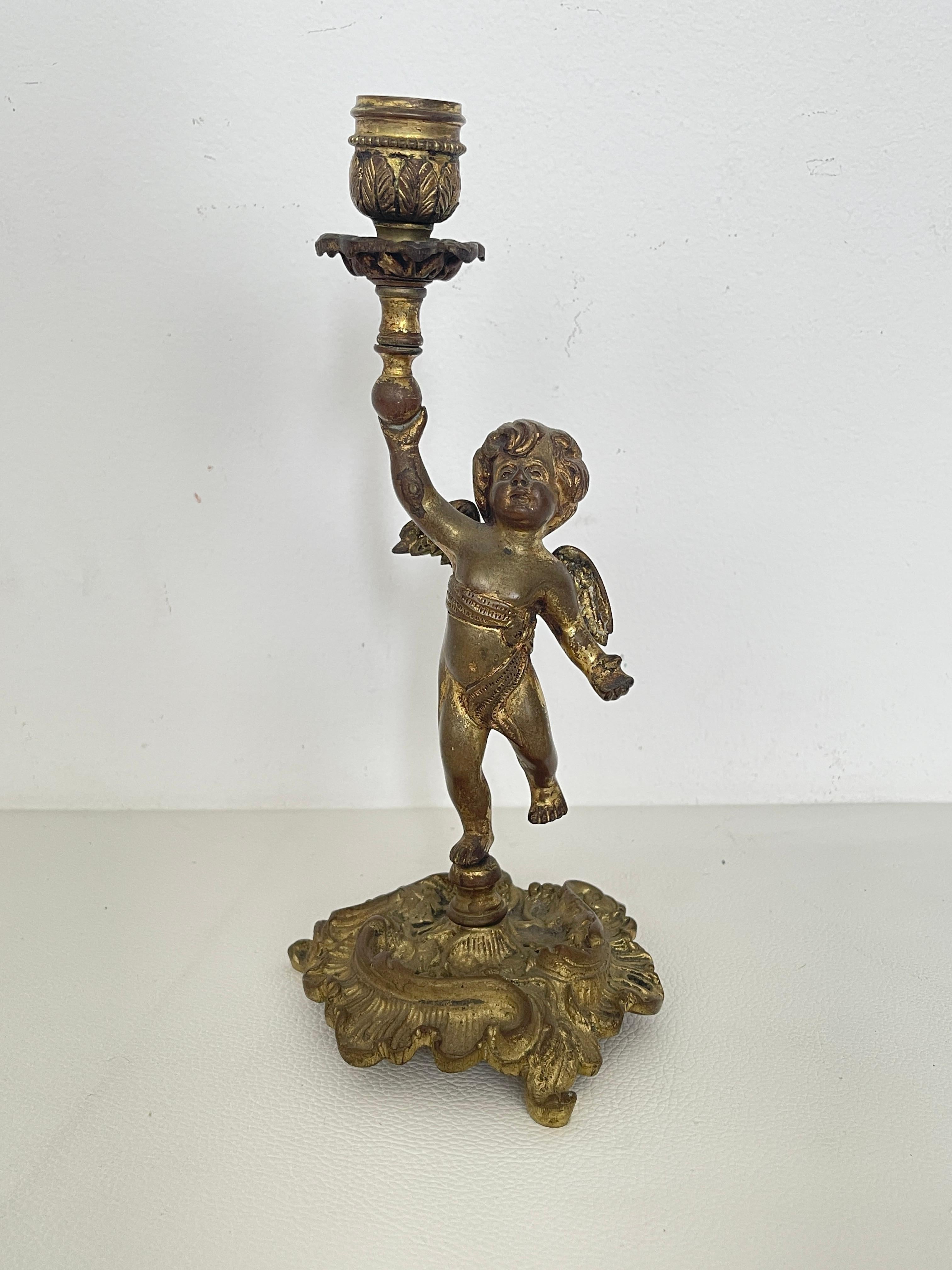 Baroque Bougeoir Vintave en bronze doré avec Putto - Style baroque en vente