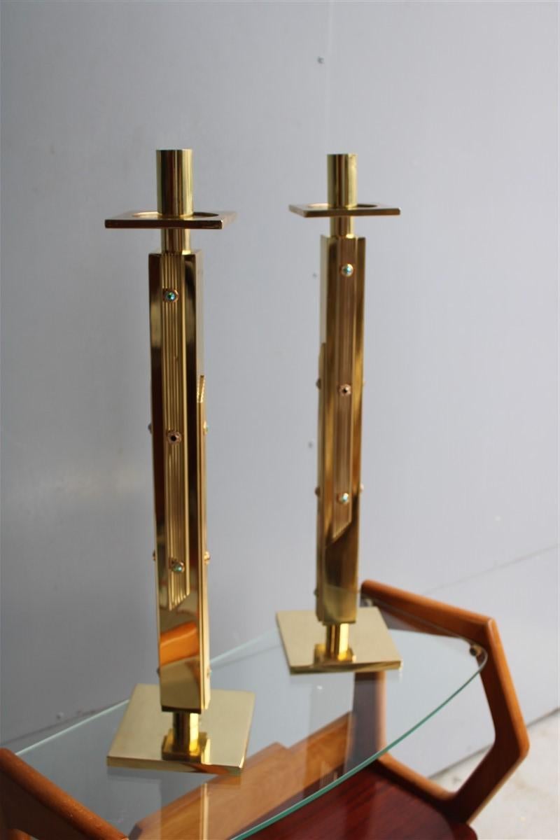 Luxury square candlesticks Italian design 1960s Solid brass Brutalist For Sale 5