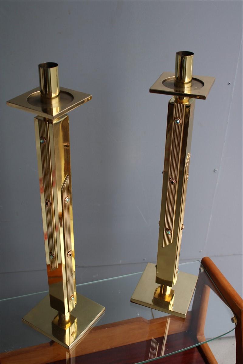 Pair of Solid Brass Candelabra with Stones Itaia 1960s