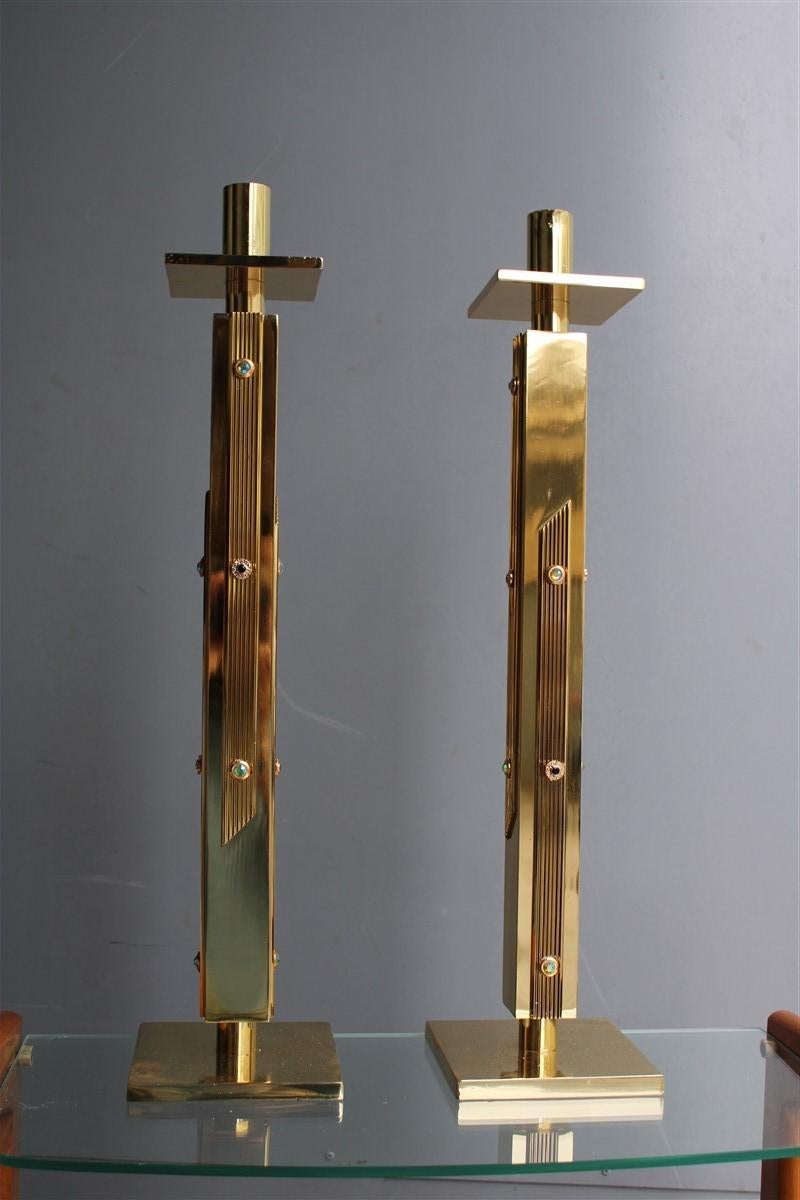 Luxury square candlesticks Italian design 1960s Solid brass Brutalist For Sale 2