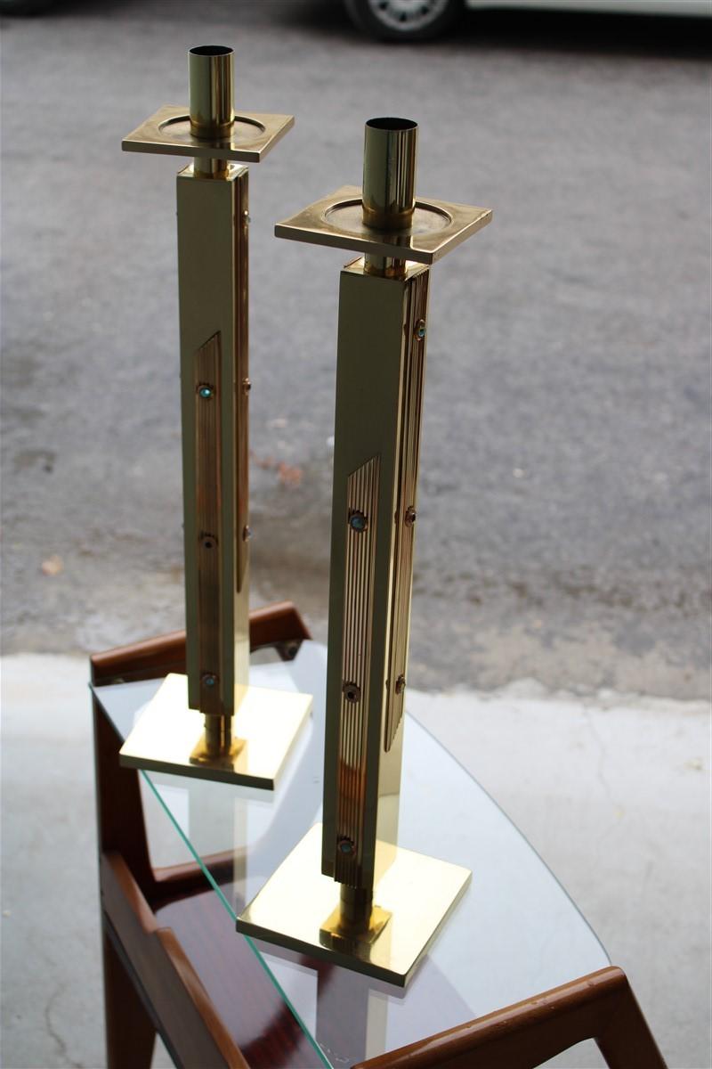 Luxury square candlesticks Italian design 1960s Solid brass Brutalist For Sale 3
