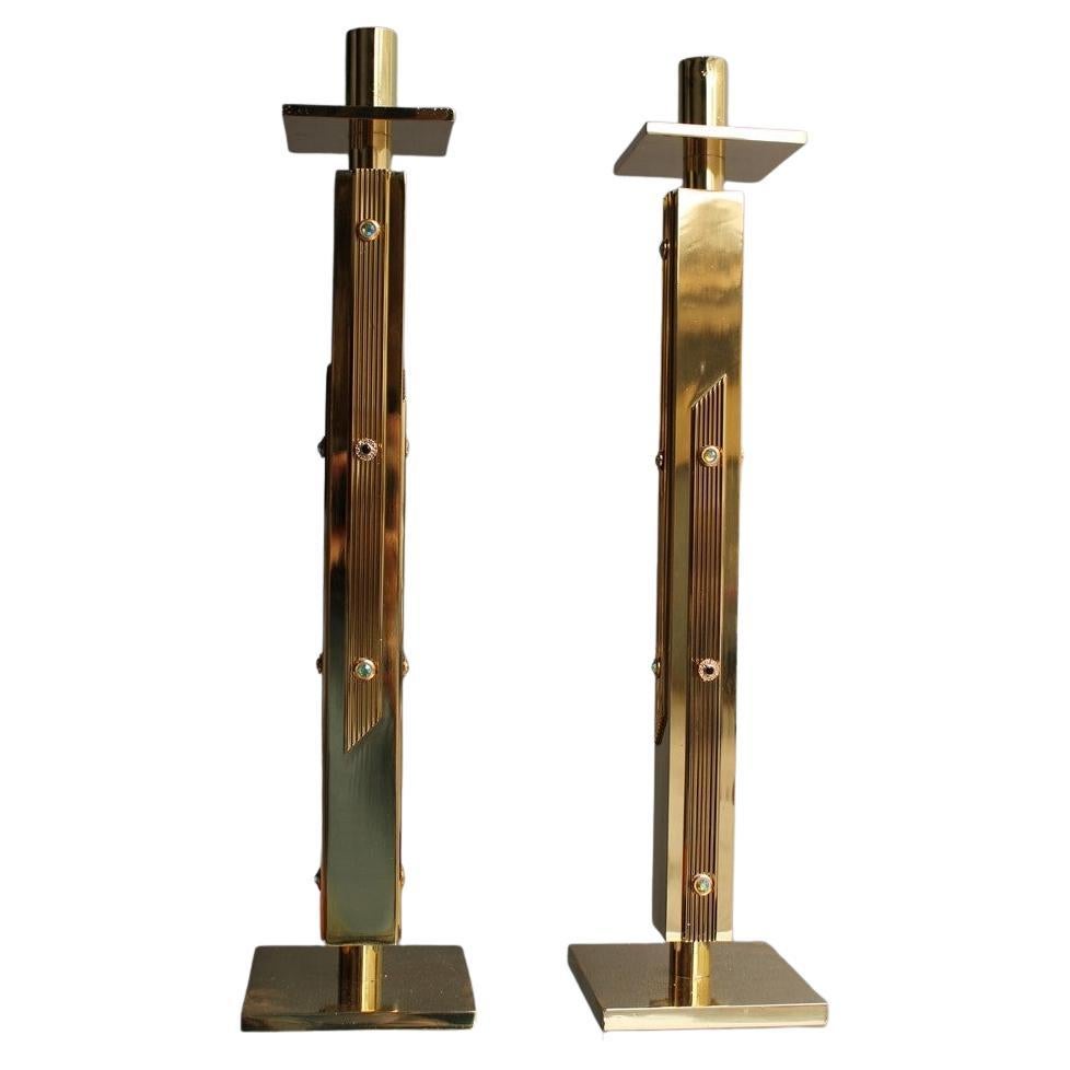 Luxury square candlesticks Italian design 1960s Solid brass Brutalist