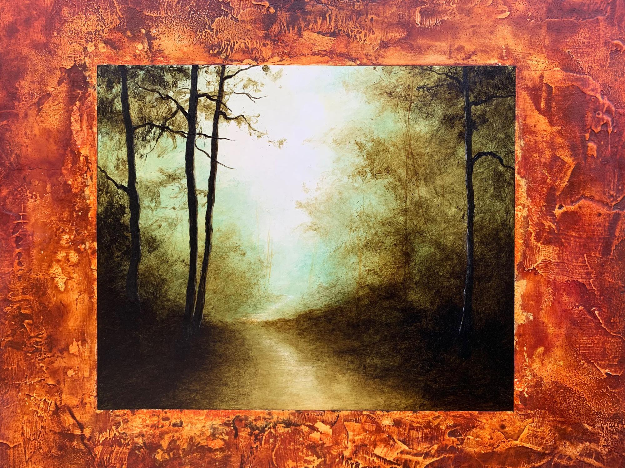 Meditazioni nella foresta, dipinto originale - Landscape Painting Beige di Candice Eisenfeld