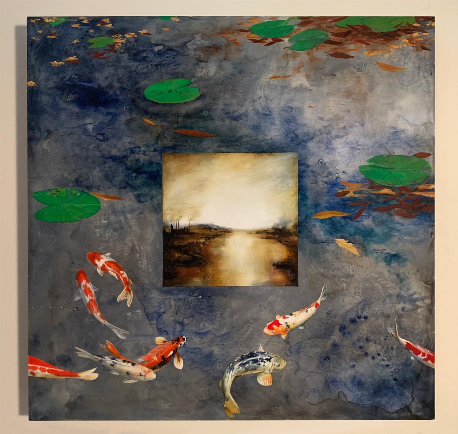<p>Artist Comments<br />A surreal painting within a painting. In the middle of a peaceful koi pond appears a window to a soft autumn landscape. 