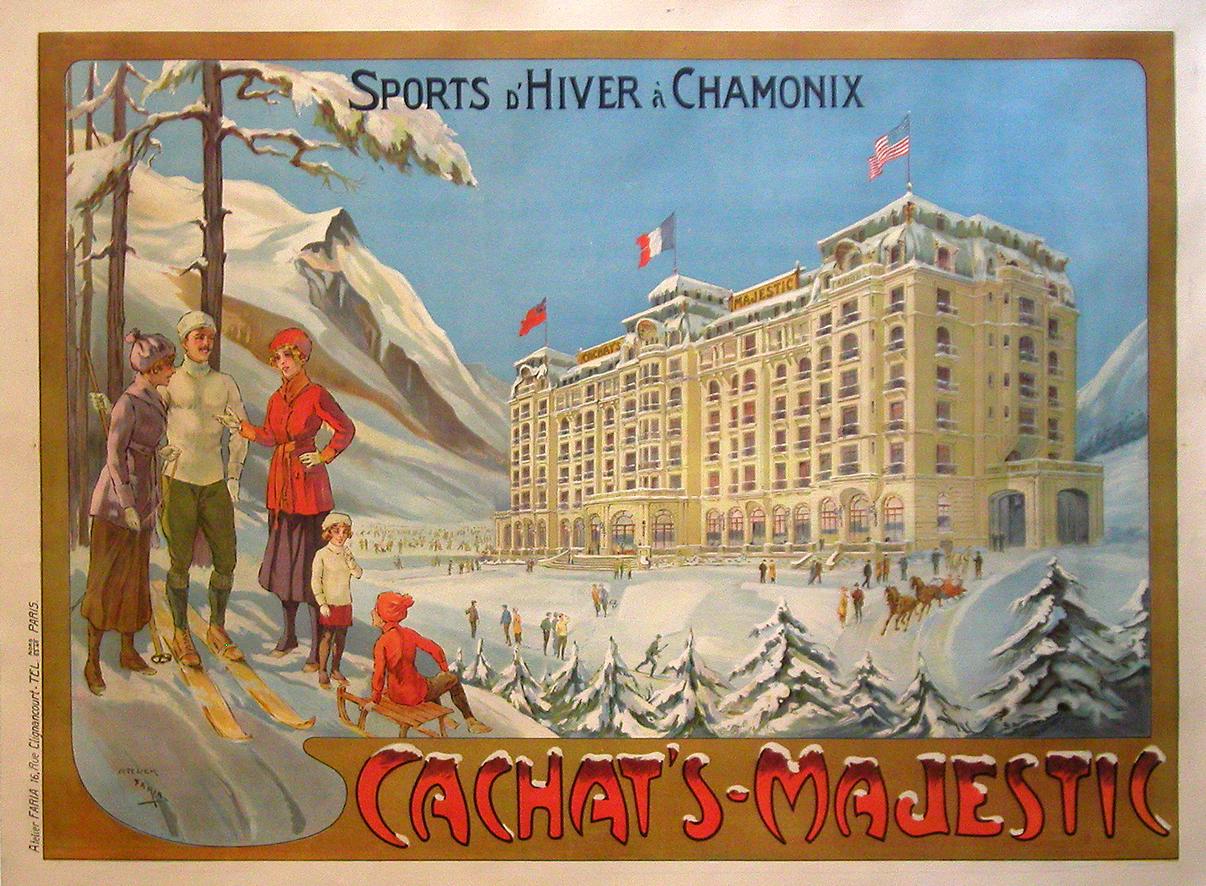 Original Vintage Cachats Majestic Chamonix French Travel Poster c1910 de Faria - Print by Candido Aragonez de Faria