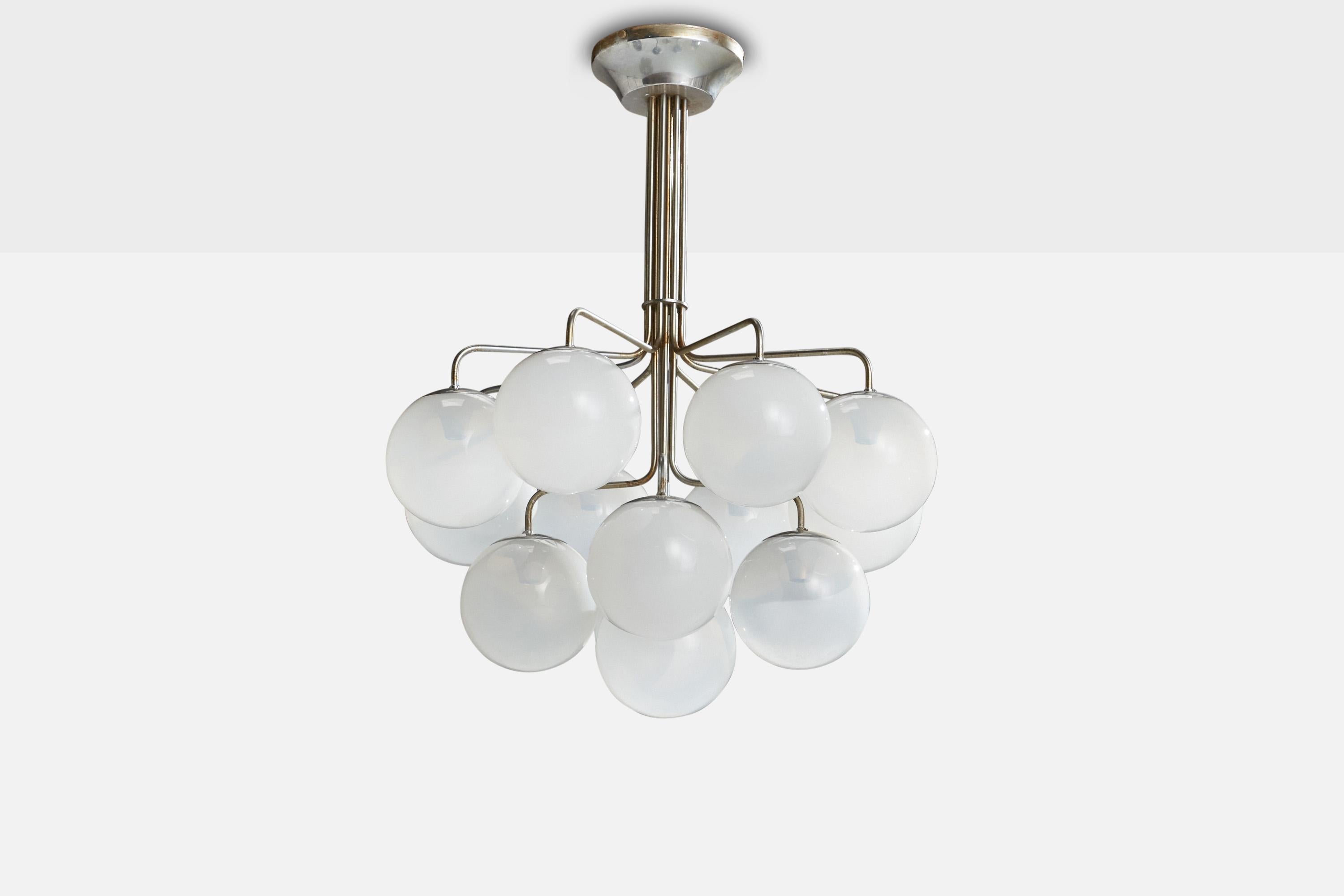 A nickel-plated brass and opaline glass chandelier designed and produced in Italy, 1970s.

Dimensions of canopy (inches): 3” H x 9” Diameter
Socket takes standard E-14 bulbs. 13 sockets.There is no maximum wattage stated on the fixture. All lighting