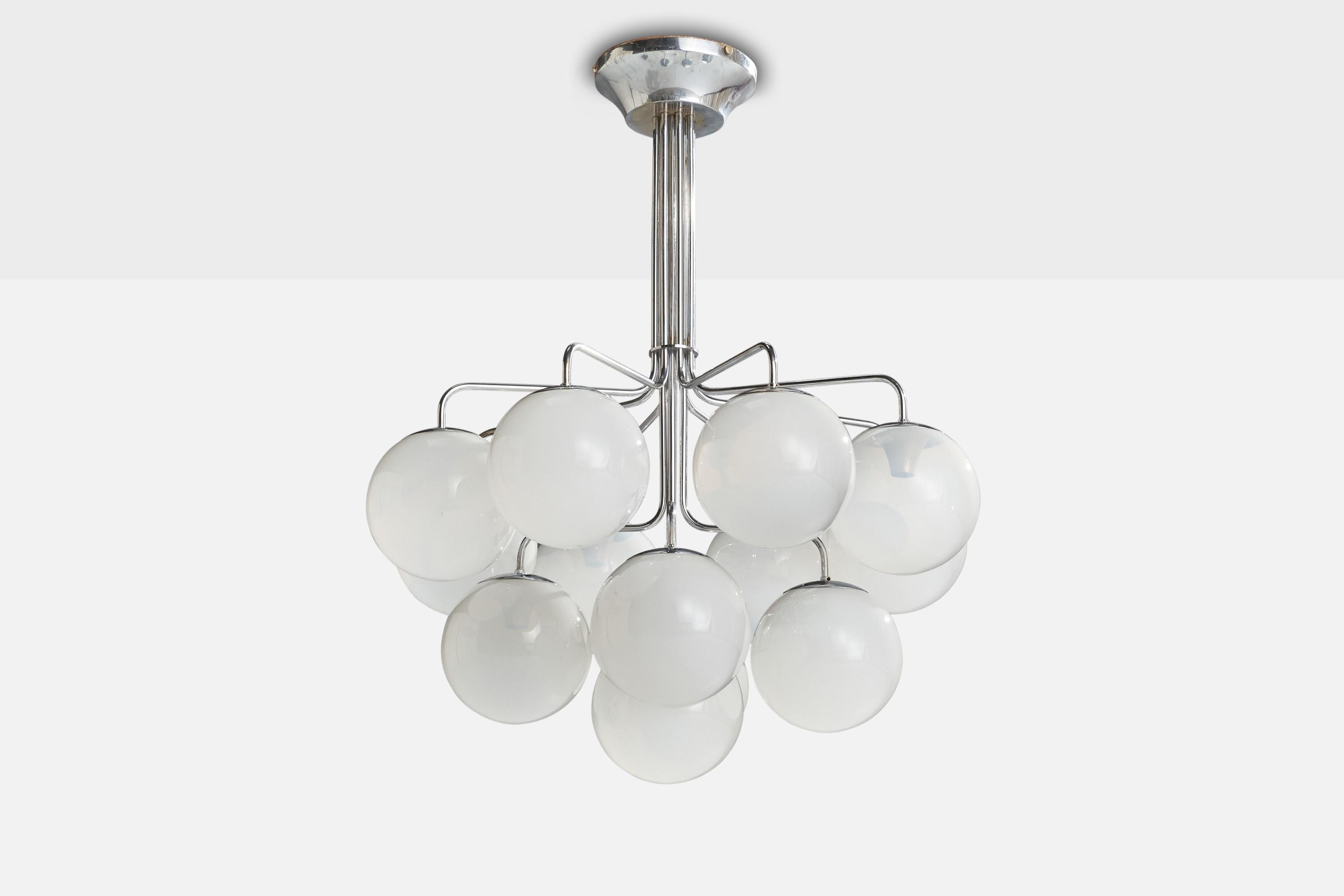 A nickel-plated brass and opaline glass chandelier designed and produced in Italy, 1970s.

Dimensions of canopy (inches): 3” H x 9” Diameter
Socket takes standard E-14 bulbs. 13 sockets.There is no maximum wattage stated on the fixture. All lighting