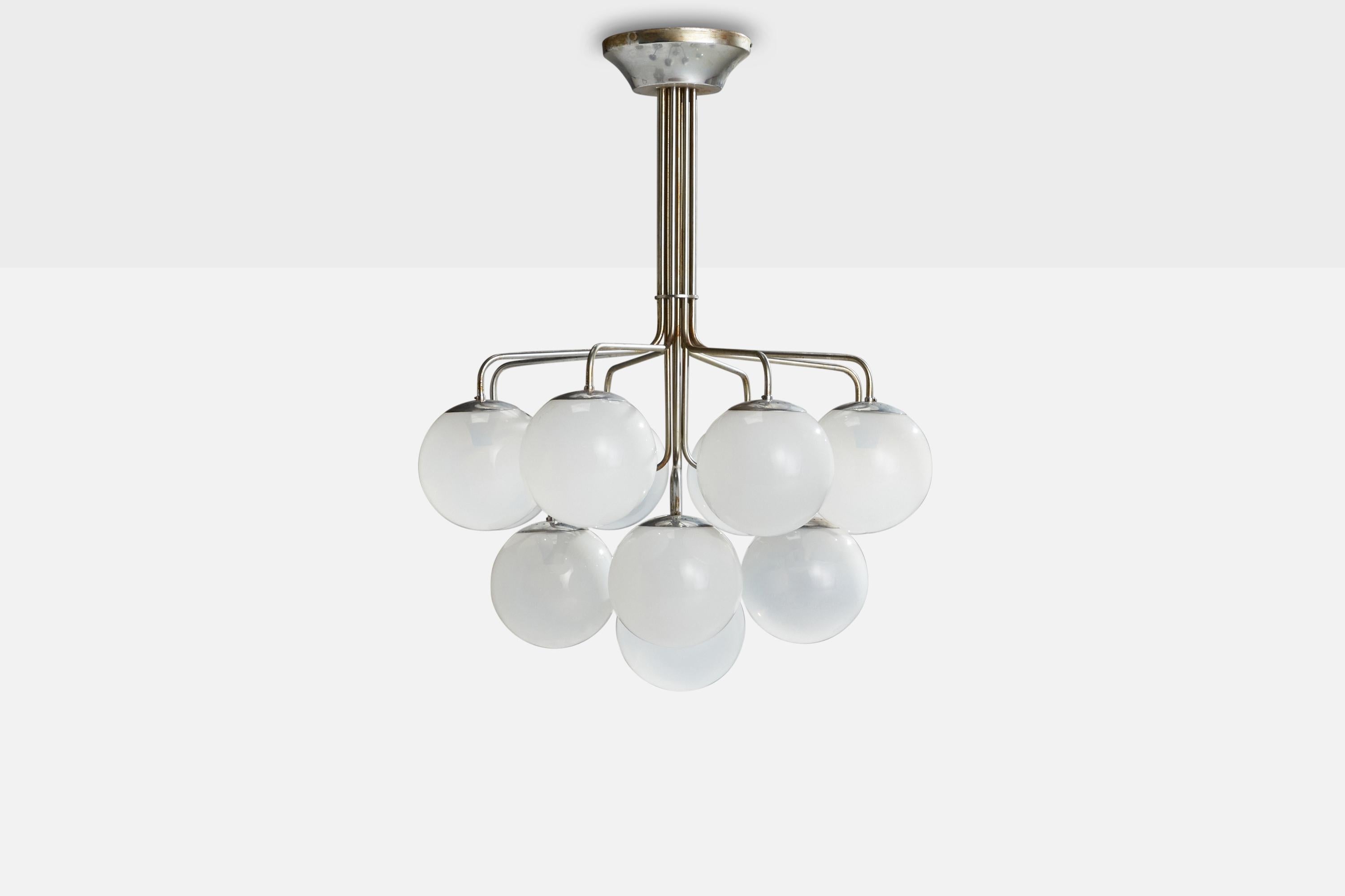 Italian Candle, Chandelier, Nickel, Glass, Italy, 1970 For Sale