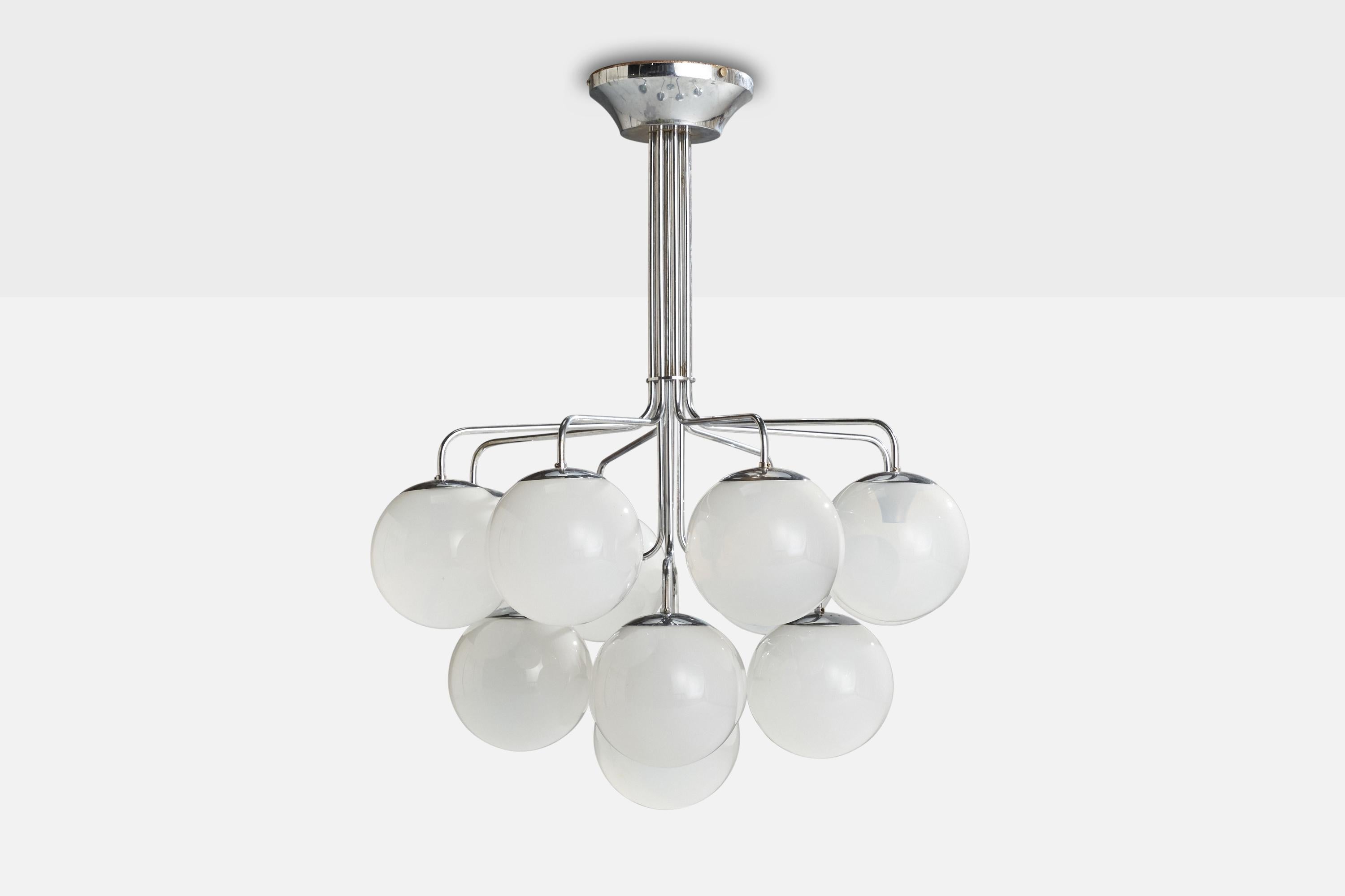 Italian Candle, Chandelier, Nickel, Glass, Italy, 1970 For Sale