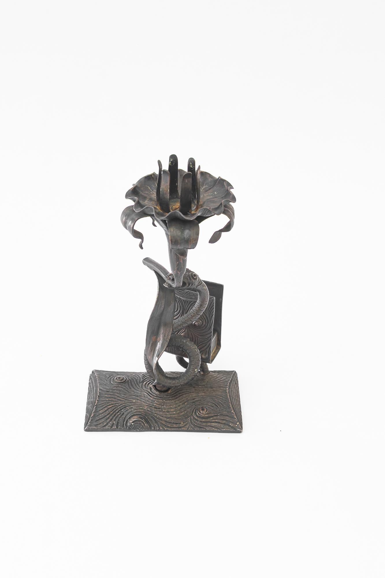 Wrought iron candle holder with snake and flower and match holder For Sale 3