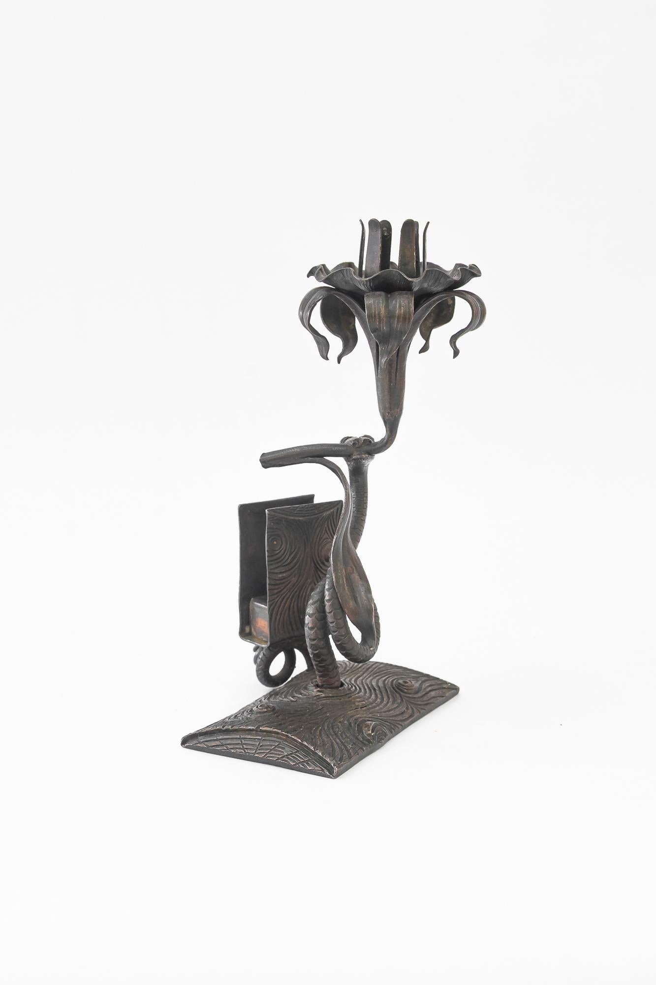 Wrought iron candle holder with snake and flower and match holder For Sale 4