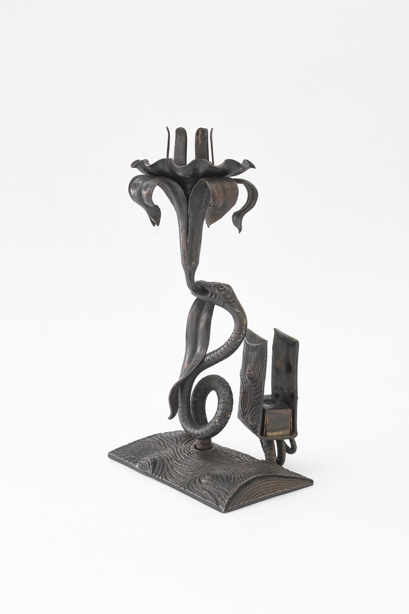 Wrought iron candle holder with snake and flower and match holder For Sale 5