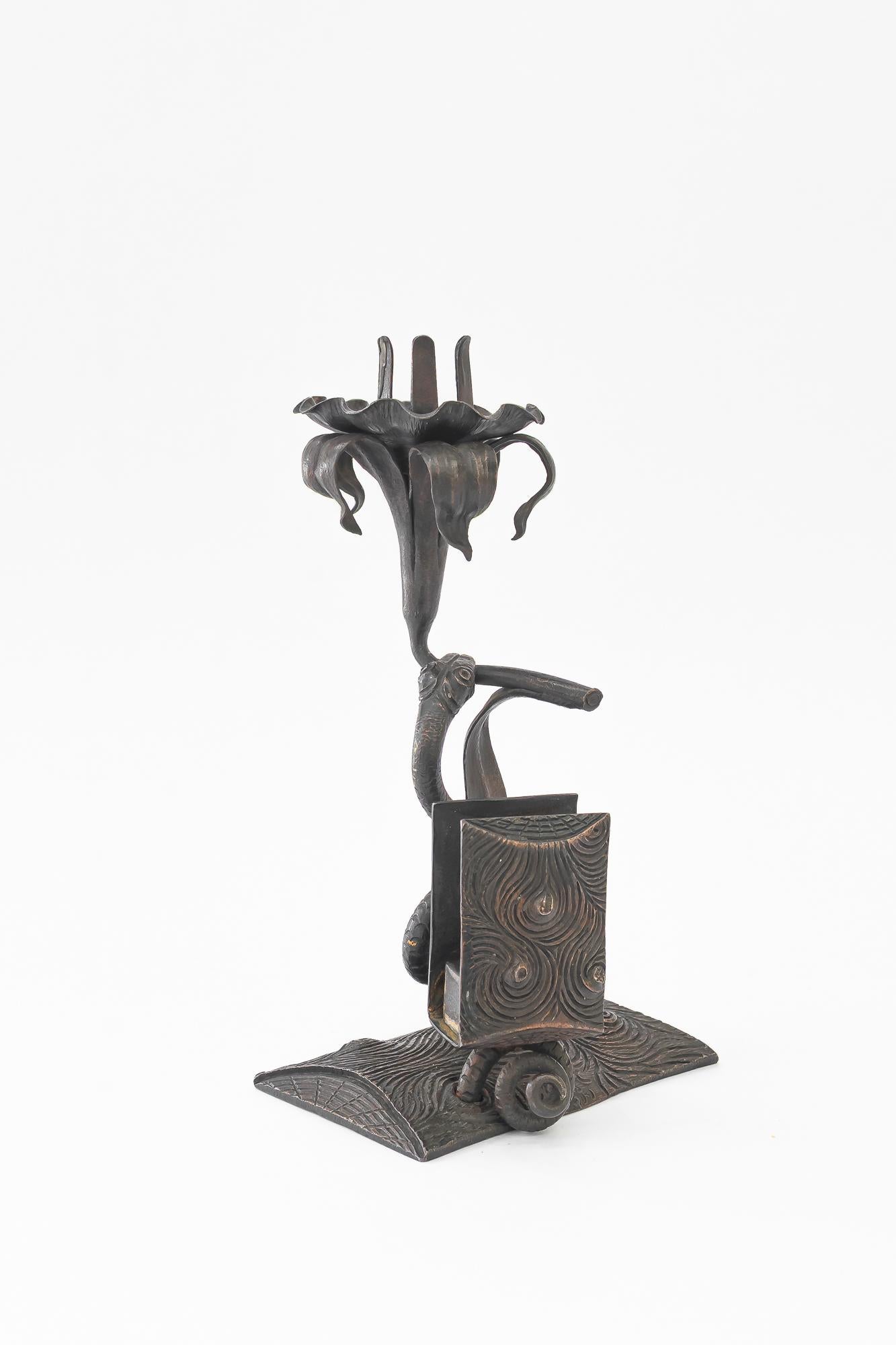 Wrought iron candle holder with snake and flower and match holder For Sale 6