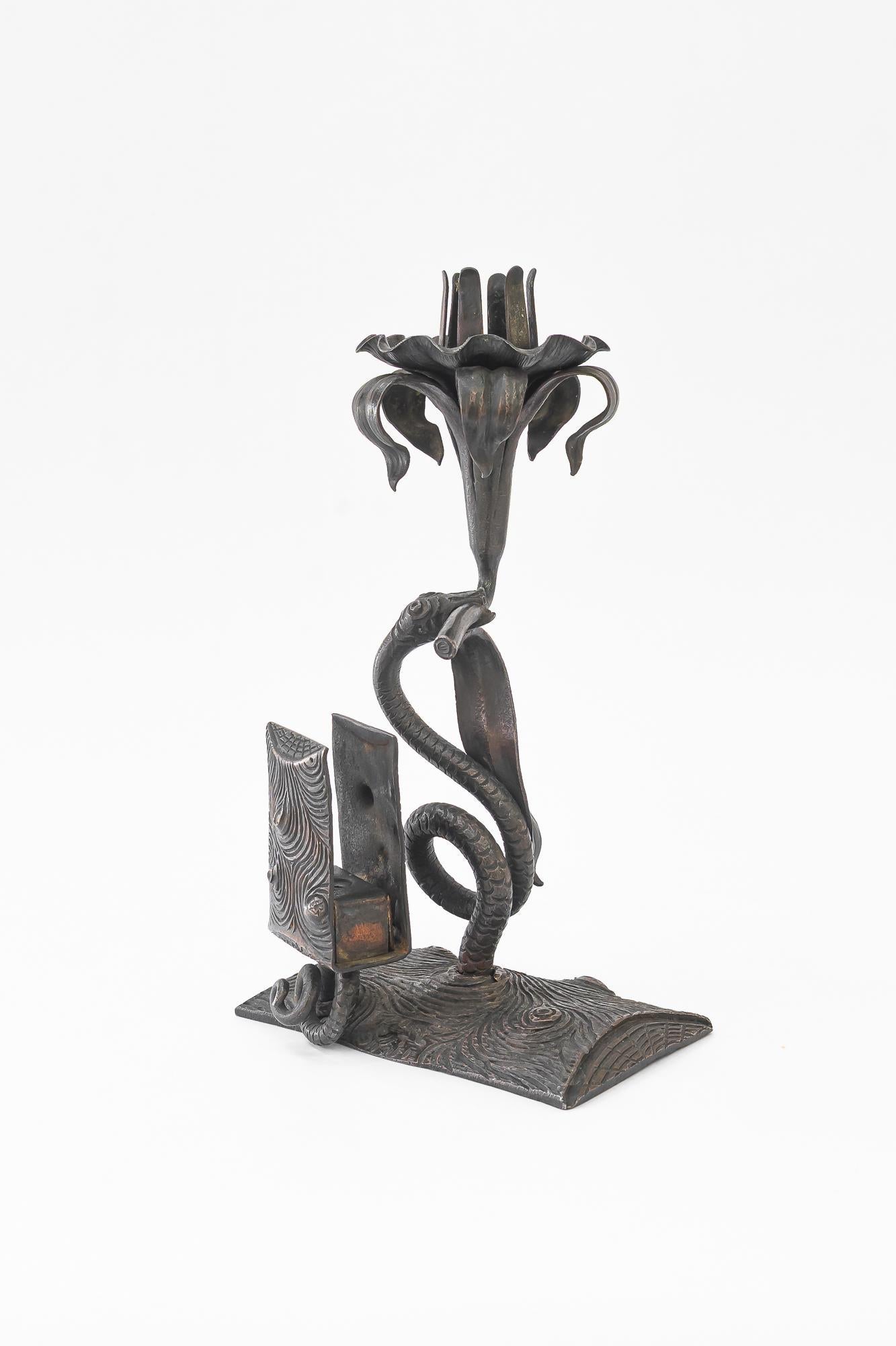Wrought iron candle holder with snake and flower and match holder For Sale 7