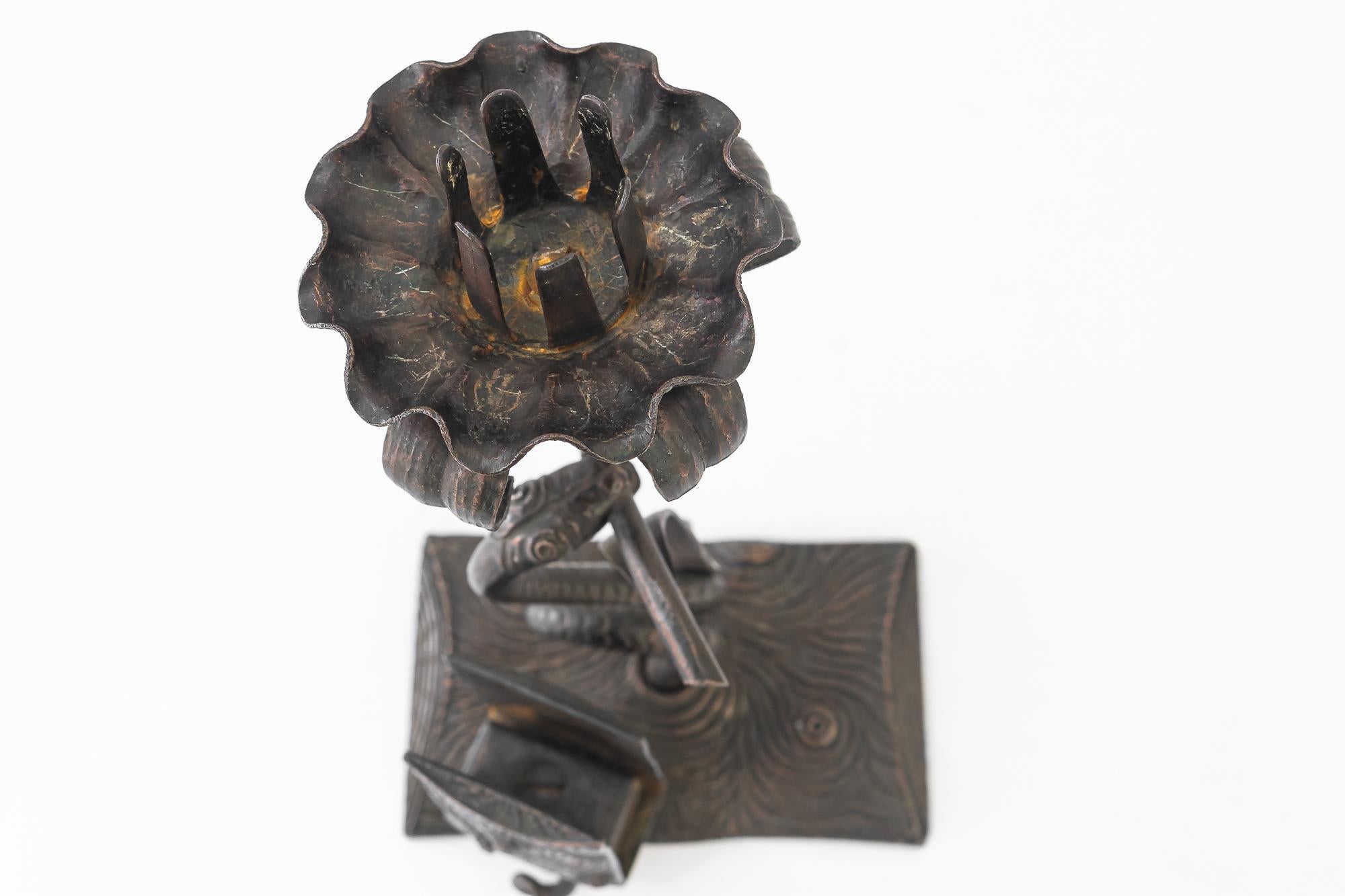Wrought iron candle holder with snake and flower and match holder For Sale 1