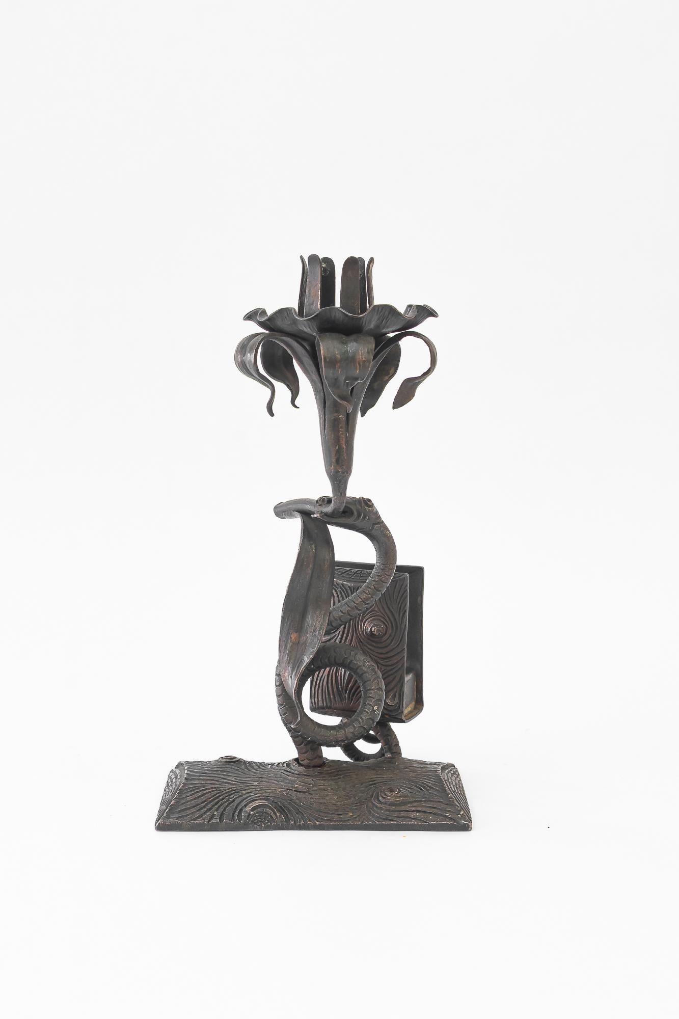 Wrought iron candle holder with snake and flower and match holder For Sale 2