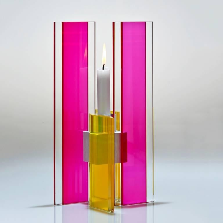 Contemporary Pink & Blue Glass & Aluminum Candlestick For Sale 7