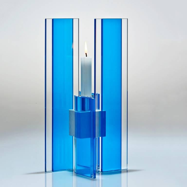 Anodized Contemporary Pink & Blue Glass & Aluminum Candlestick For Sale