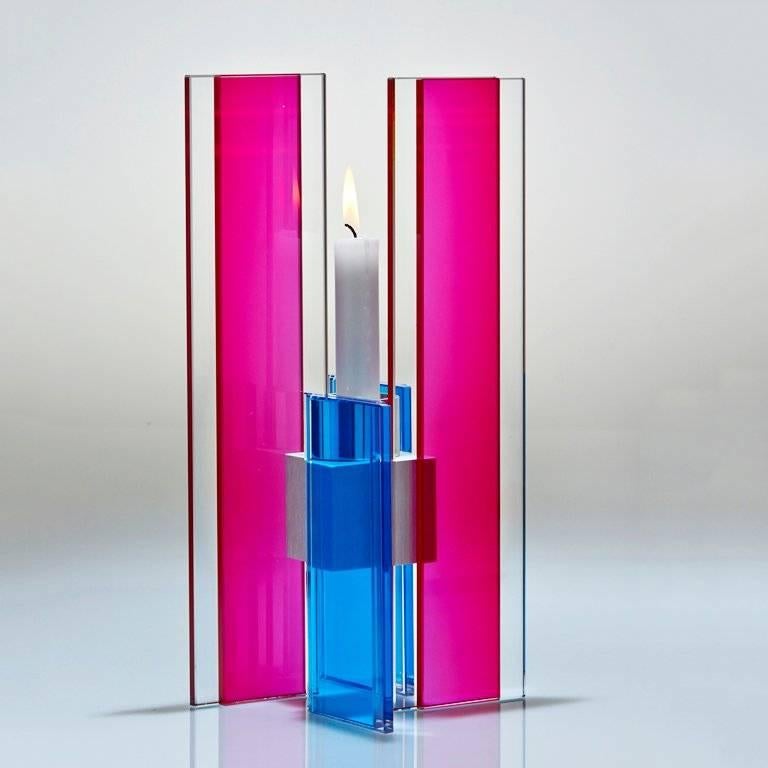 American Contemporary Pink & Blue Glass & Aluminum Candlestick For Sale