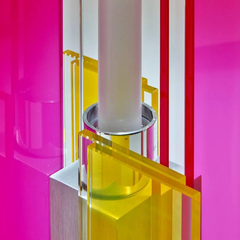 Anodized Contemporary Pink & Yellow Glass & Aluminum Candlestick For Sale