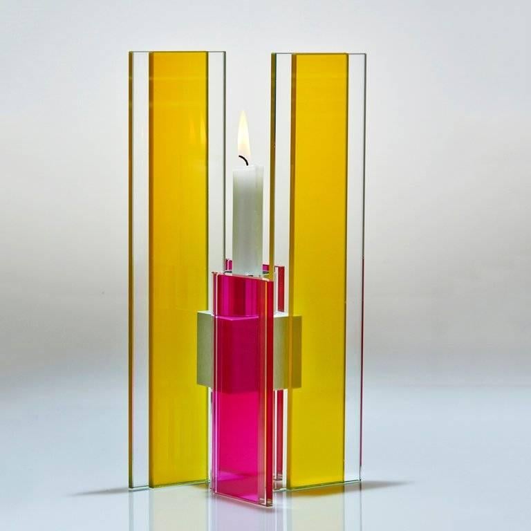 American Contemporary Yellow & Pink Glass & Aluminum Candlestick For Sale