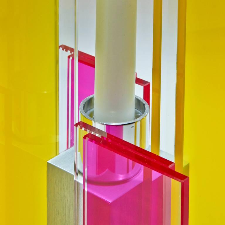 Anodized Contemporary Yellow & Pink Glass & Aluminum Candlestick For Sale