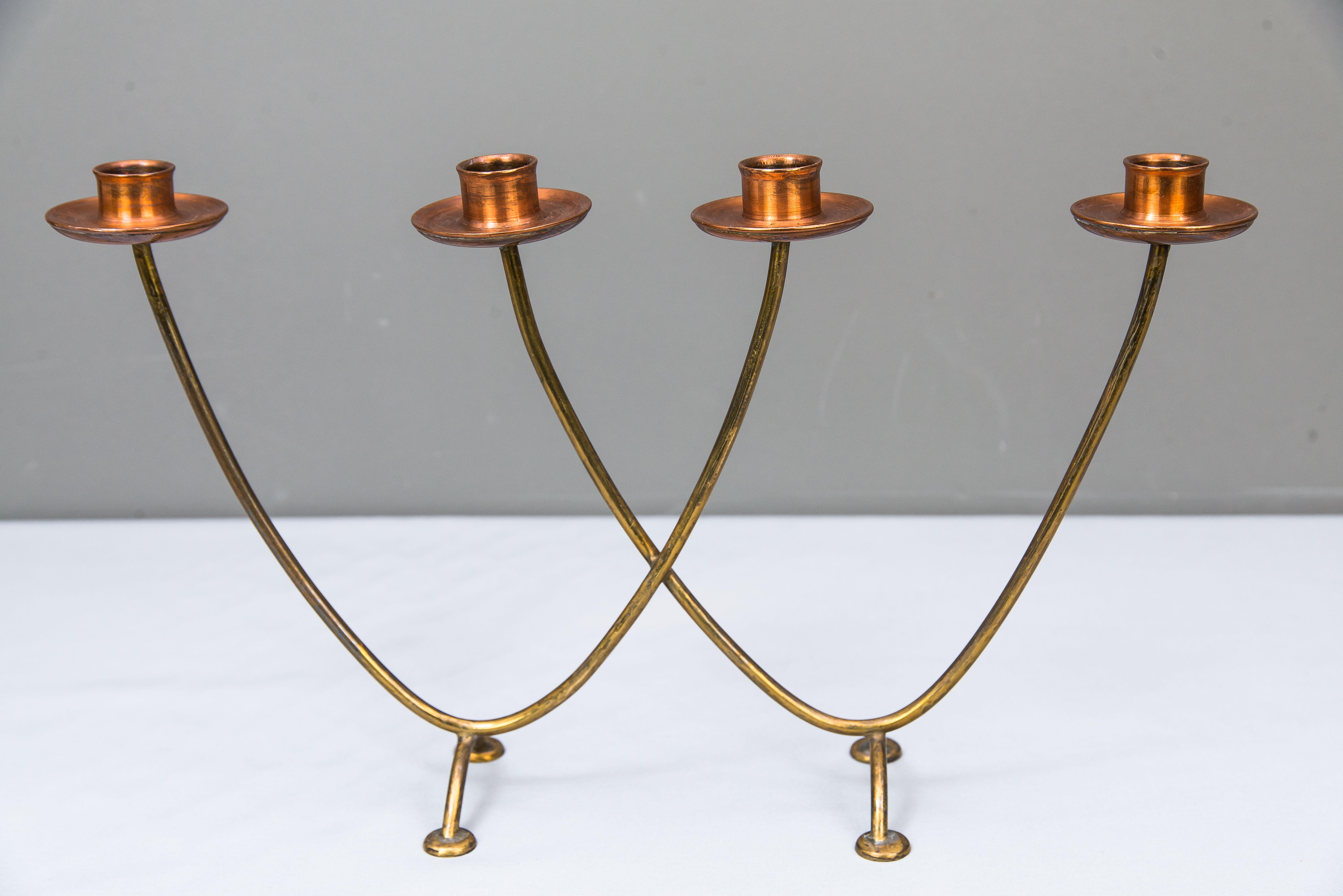 Mid-Century Modern Candleholder for 4 Candles Execution in Copper and Brass, circa 1950s For Sale