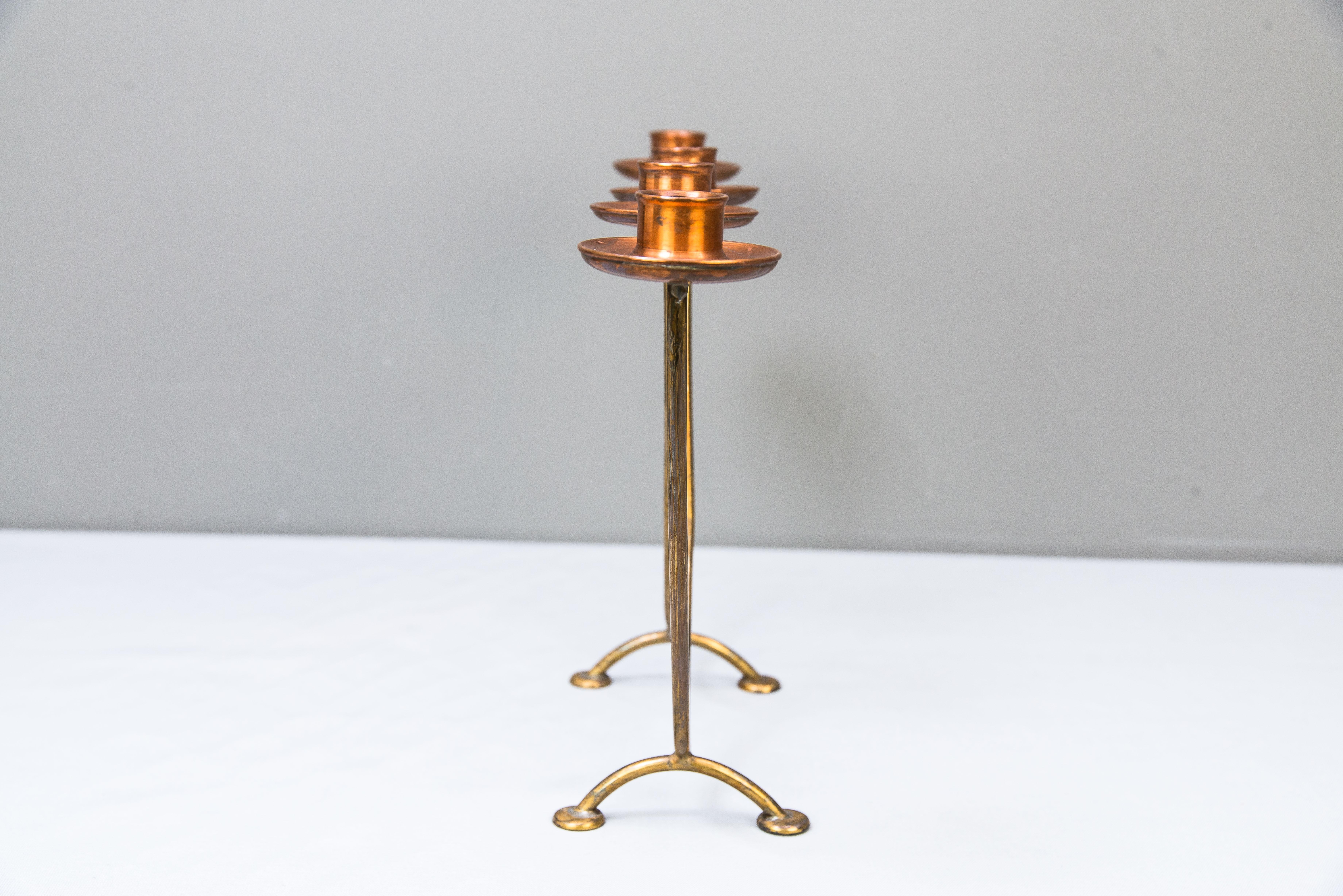 Austrian Candleholder for 4 Candles Execution in Copper and Brass, circa 1950s For Sale