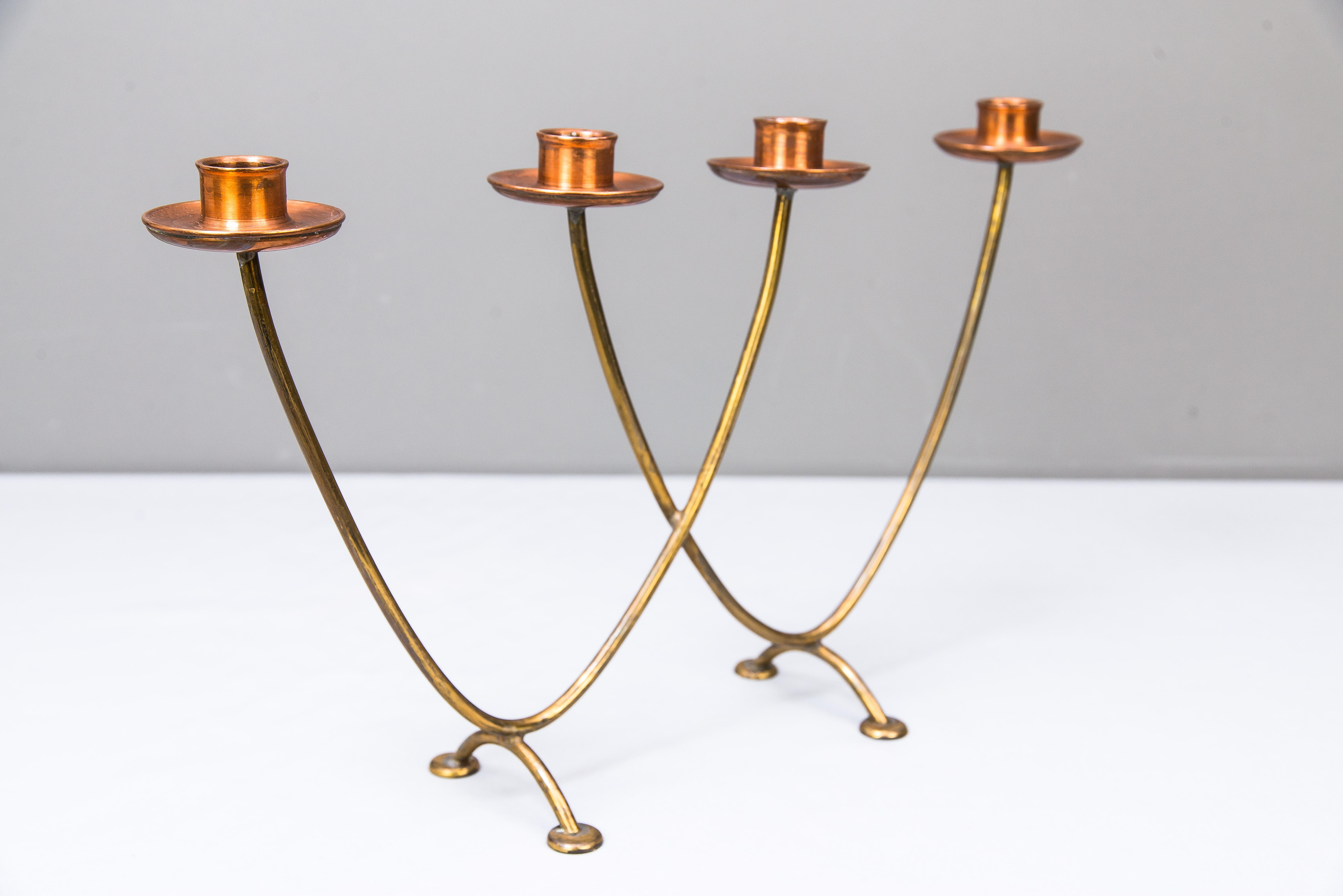 Candleholder for 4 Candles Execution in Copper and Brass, circa 1950s In Good Condition For Sale In Wien, AT