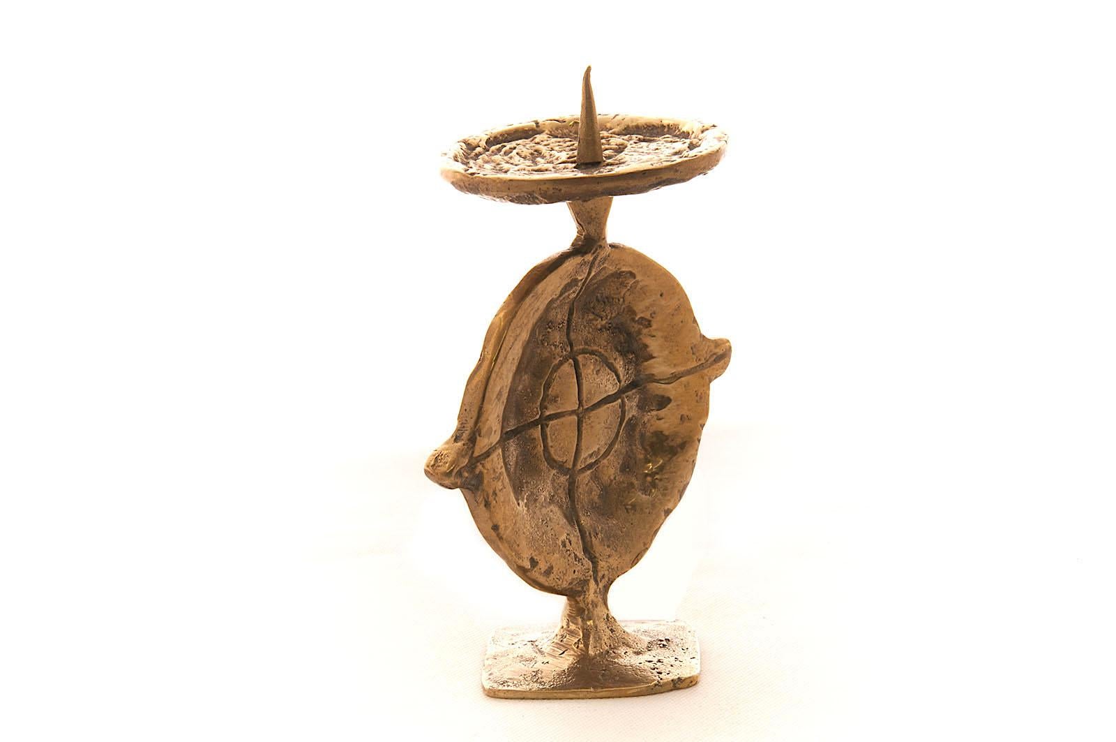 French Candle Holder in Brass, from France 1960, Brutalist Shape, Brass Patina Colored