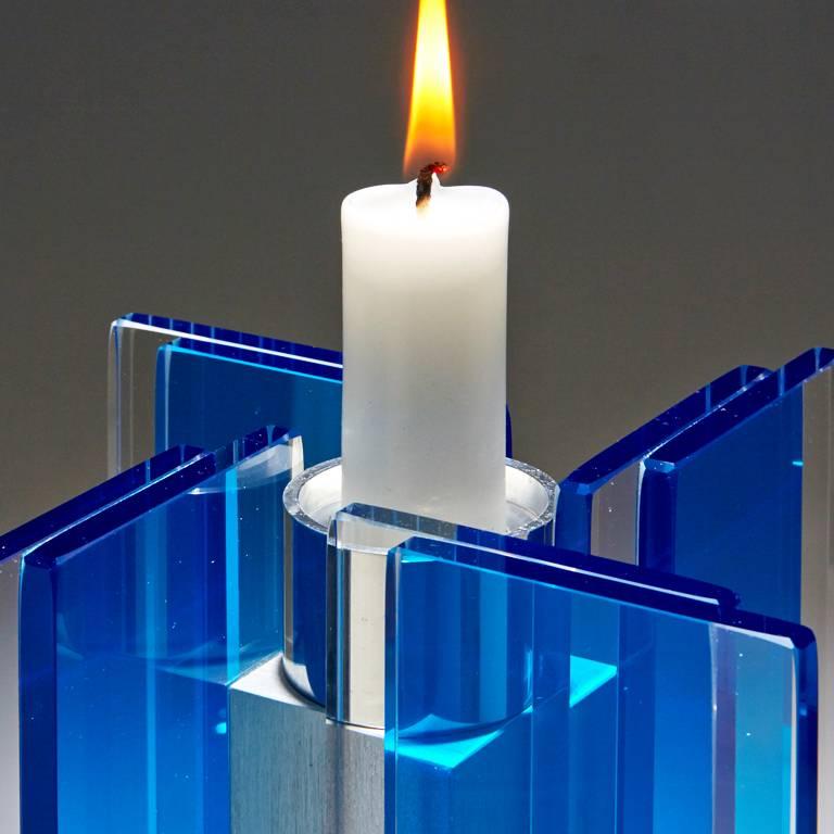 Modern Contemporary Blue Glass and Aluminum Candlestick For Sale