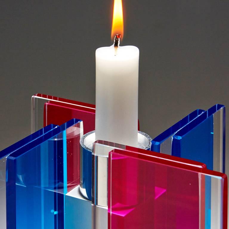 Modern Contemporary Blue & Red Glass & Aluminum Candlestick For Sale