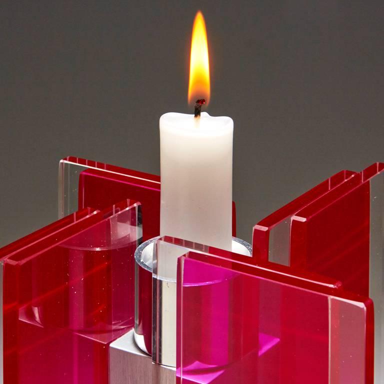 Modern Contemporary Red Glass & Aluminum Candlestick For Sale