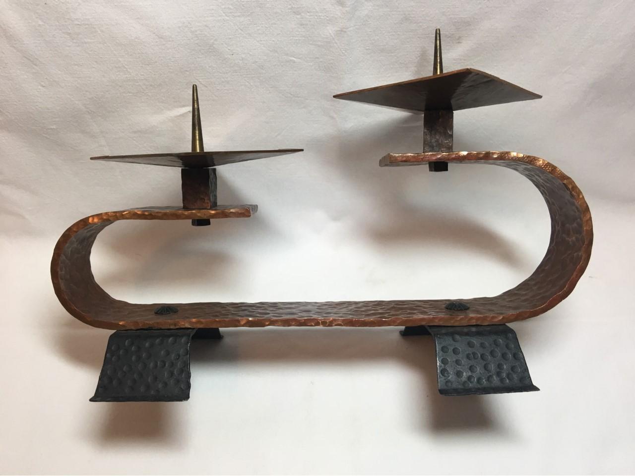 Candleholder of Hammered Brass and Iron German Art Deco Bauhaus, 1920s In Good Condition For Sale In Frisco, TX