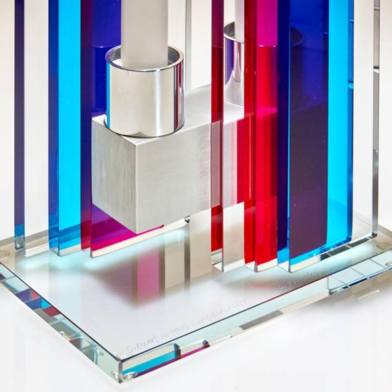 Modern Contemporary Blue & Pink Glass & Aluminum Candlestick For Sale