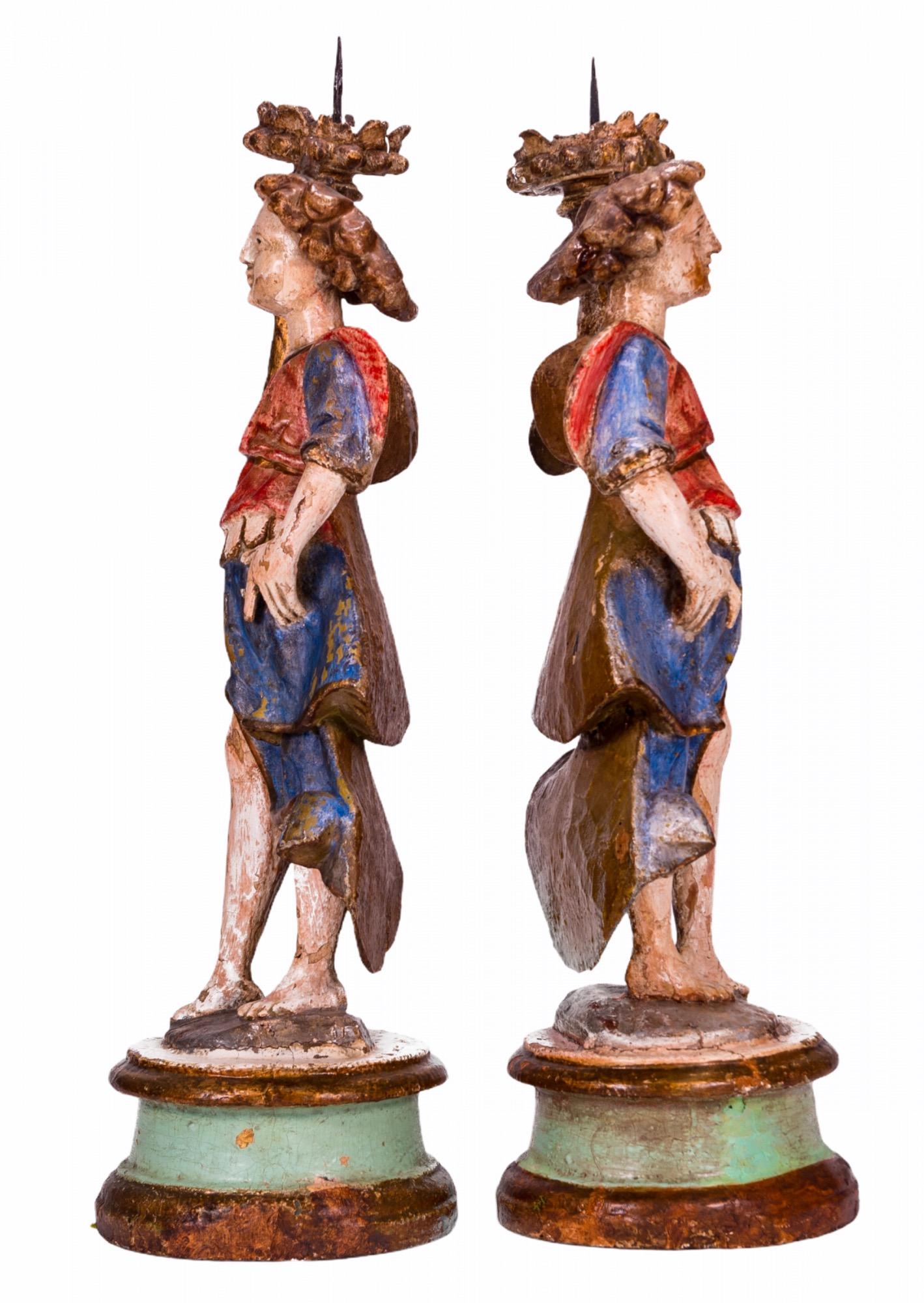 Baroque Candle Holders, 17th Century Italian Polychromed Carved Wood For Sale