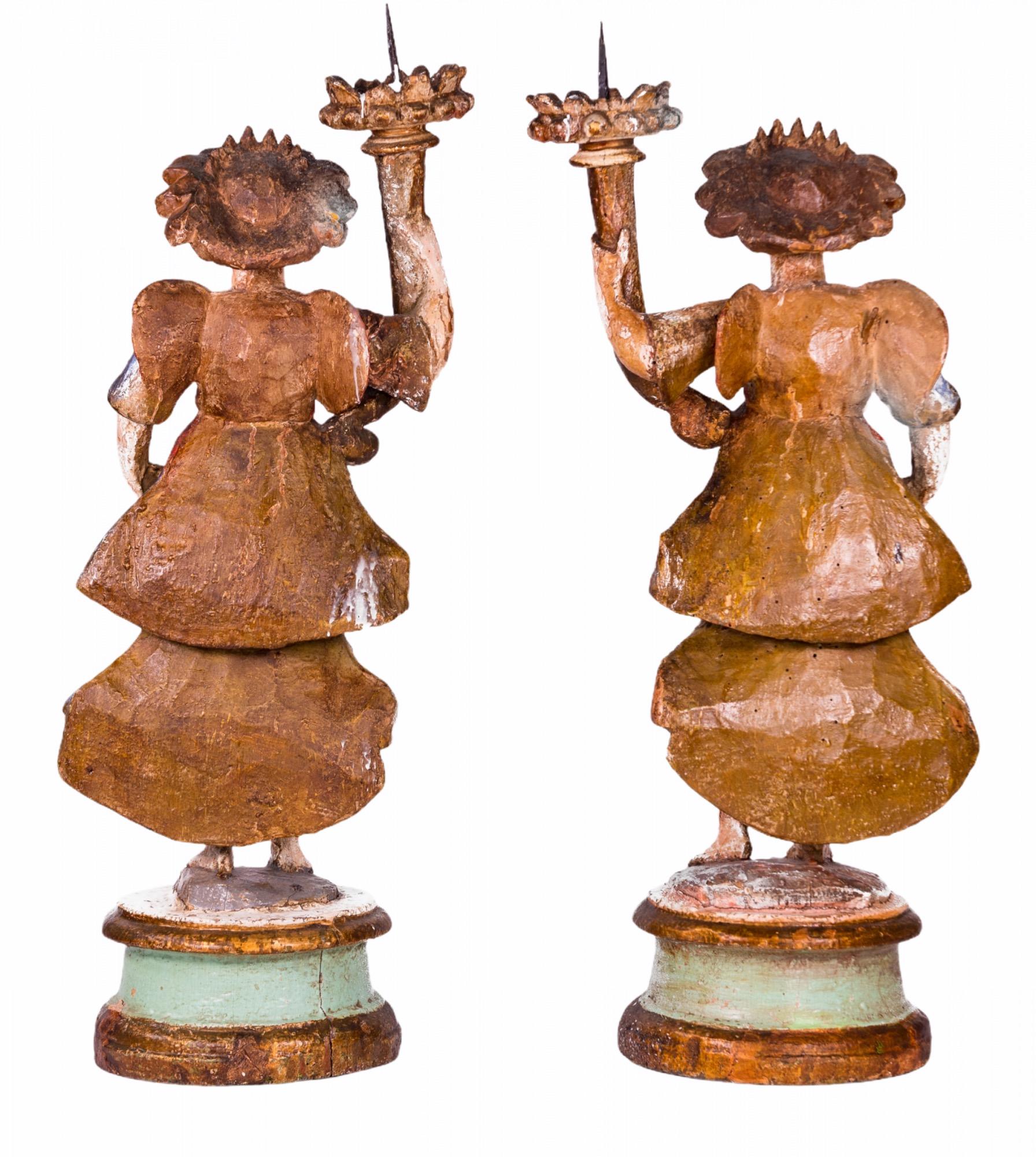 Candle Holders, 17th Century Italian Polychromed Carved Wood In Distressed Condition For Sale In North Miami, FL