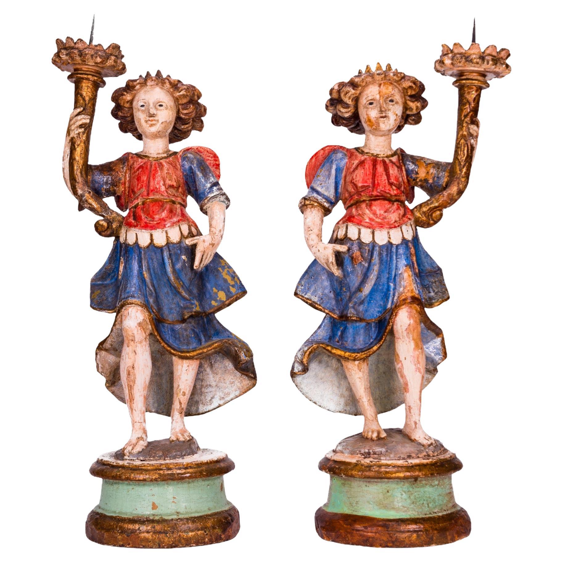 Candle Holders, 17th Century Italian Polychromed Carved Wood