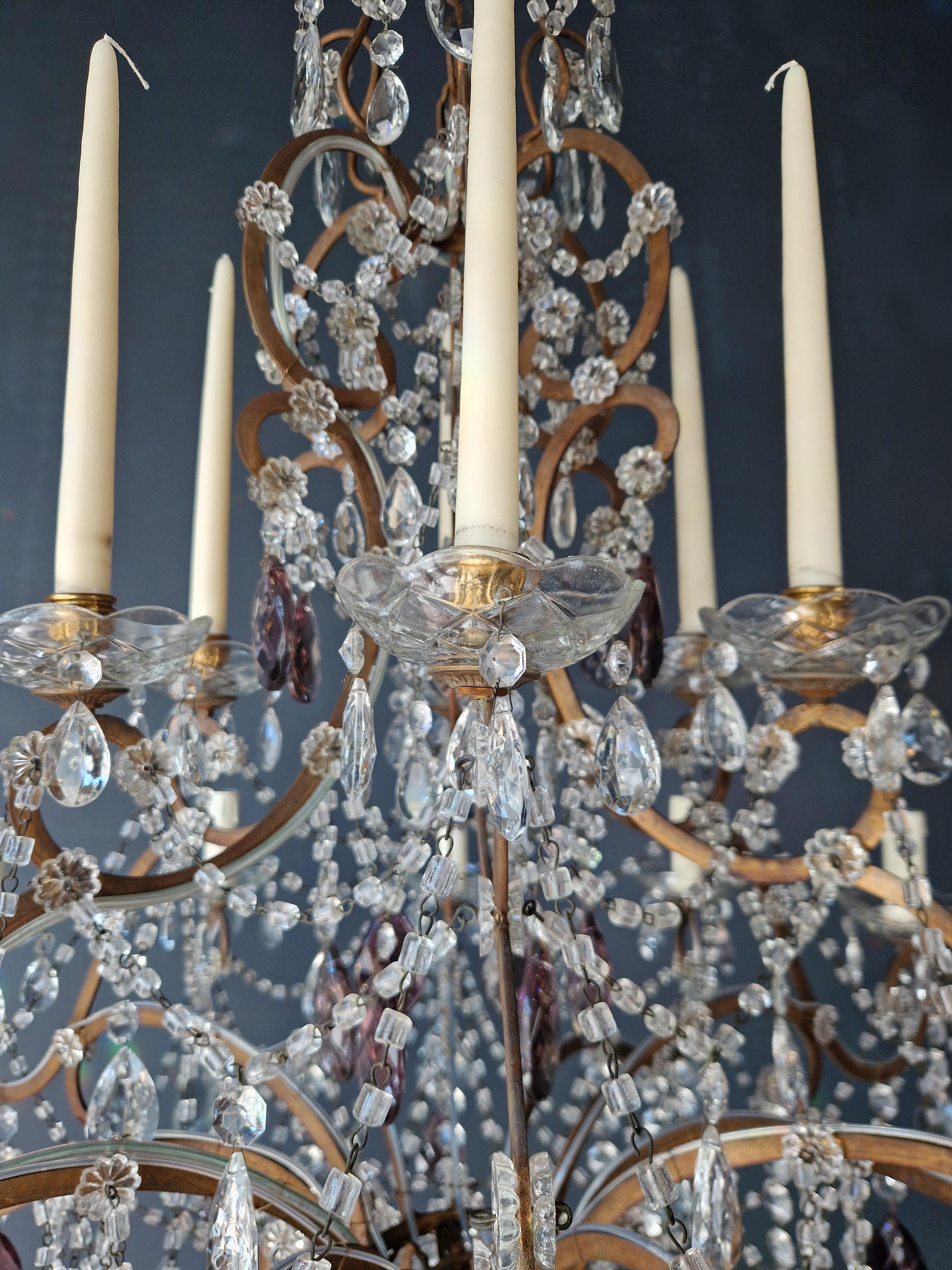 Early 20th Century Candle Light Traditional Antik Chandelier with Purple Crystal For Sale