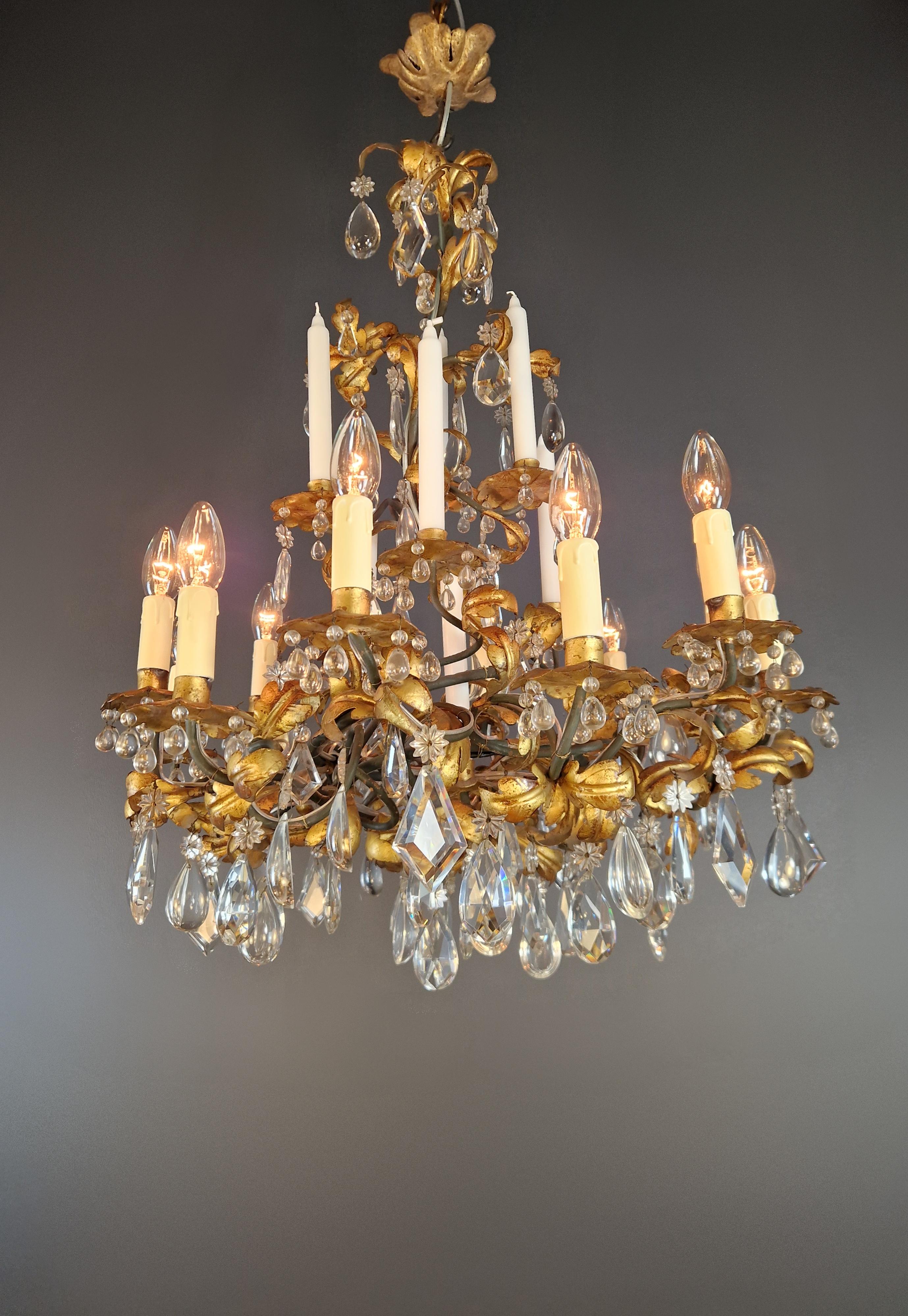 Italian Candle Light Traditional Antik Chandelier Wrought Iron Crystal Ceiling Art Deco For Sale