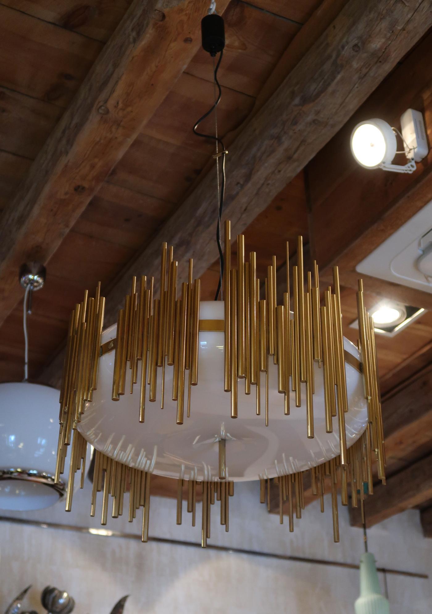 Candle, Perspex and Gilded Brass Midcentury Italian Ceiling Lamp 1970. Good condition.
          