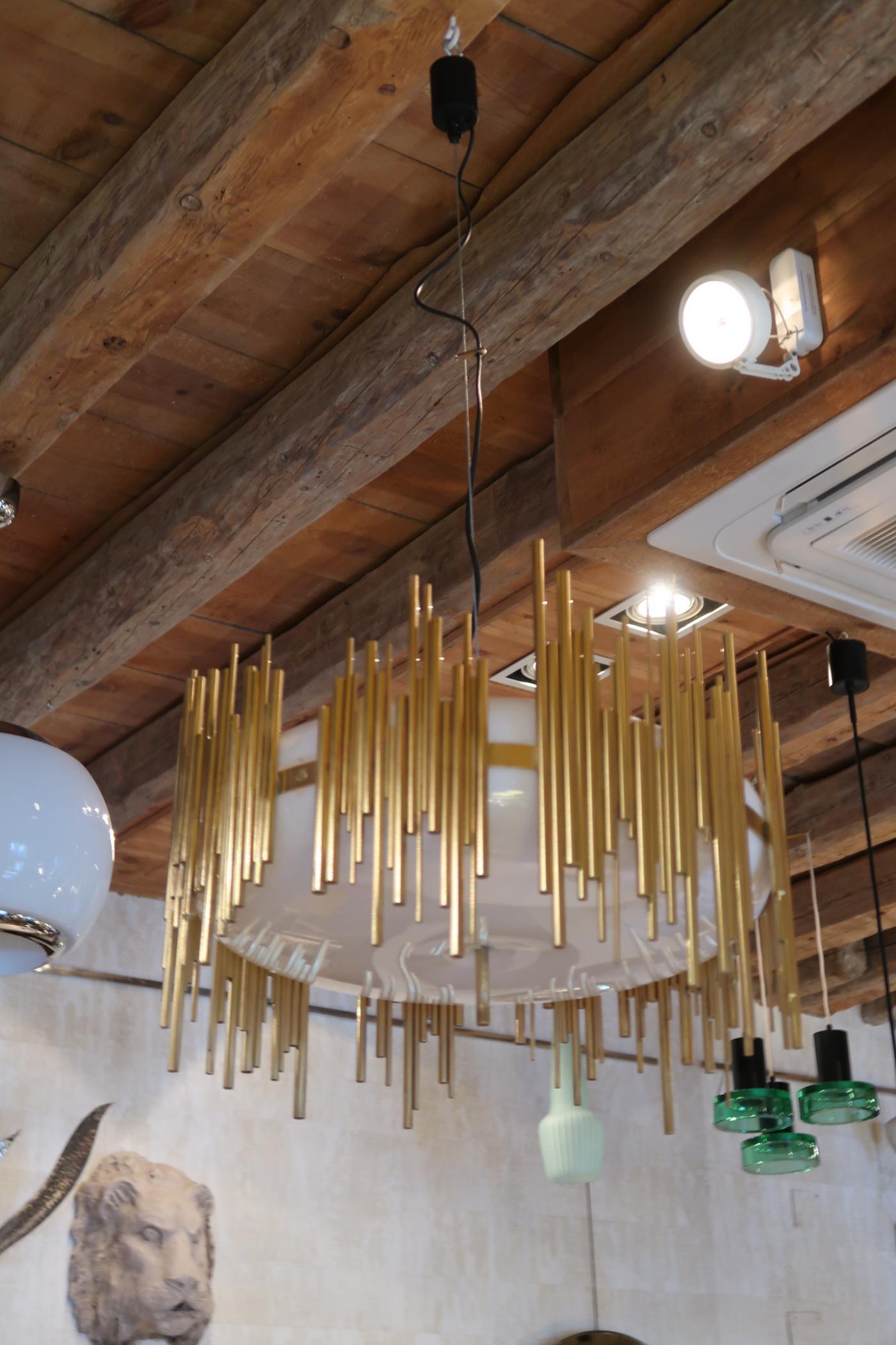 Mid-Century Modern Candle, Perspex and Gilded Brass Midcentury Italian Ceiling Lamp 1970 For Sale