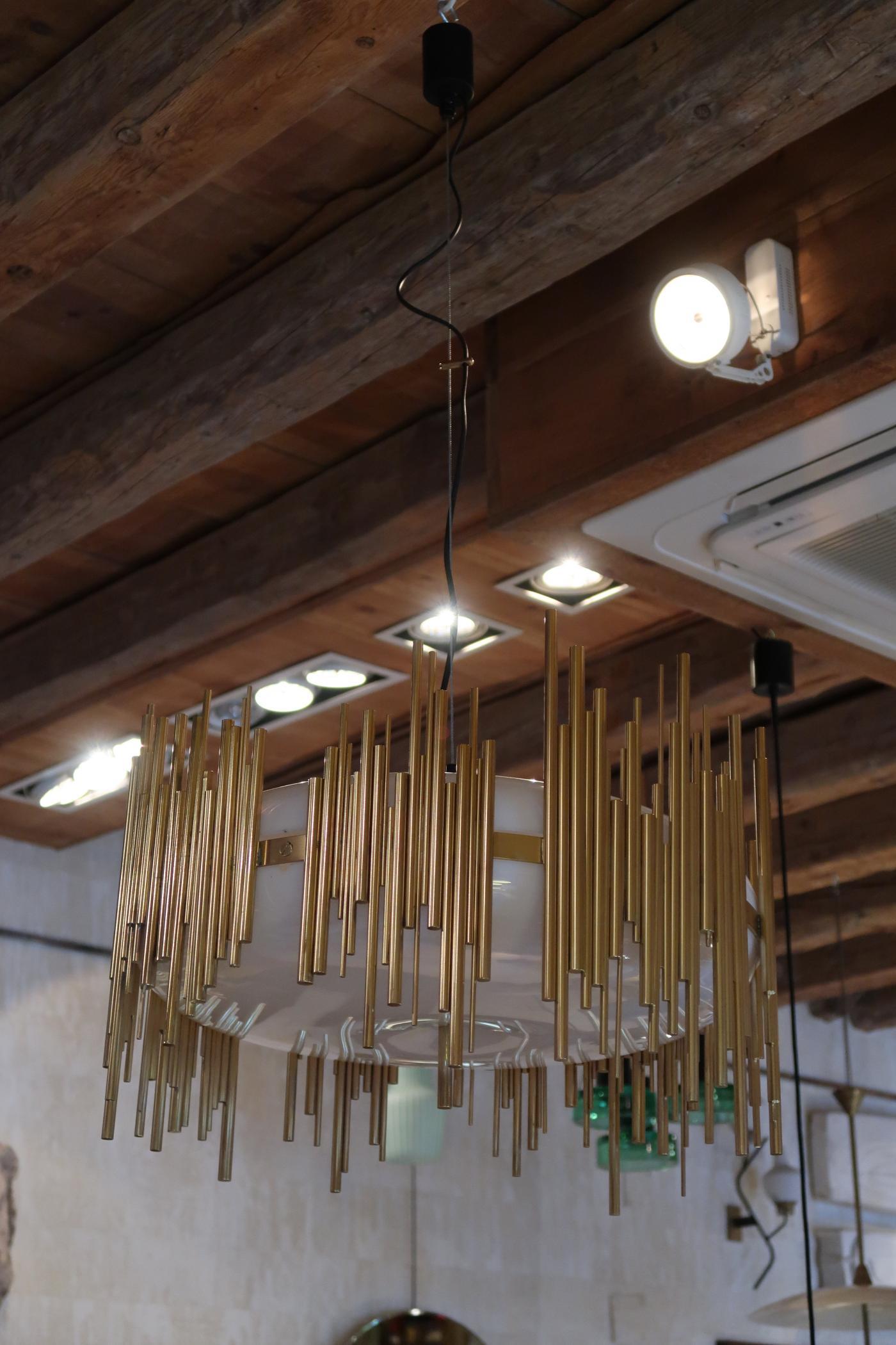 Late 20th Century Candle, Perspex and Gilded Brass Midcentury Italian Ceiling Lamp 1970 For Sale
