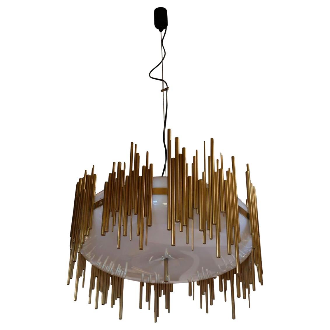 Candle, Perspex and Gilded Brass Midcentury Italian Ceiling Lamp 1970 For Sale