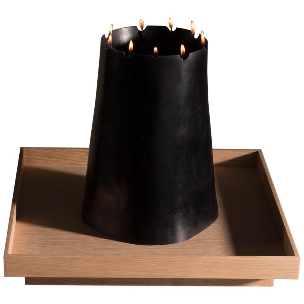 Candle Pit, Black Beeswax Candle with Oak Tray by UMÉ Studio For Sale