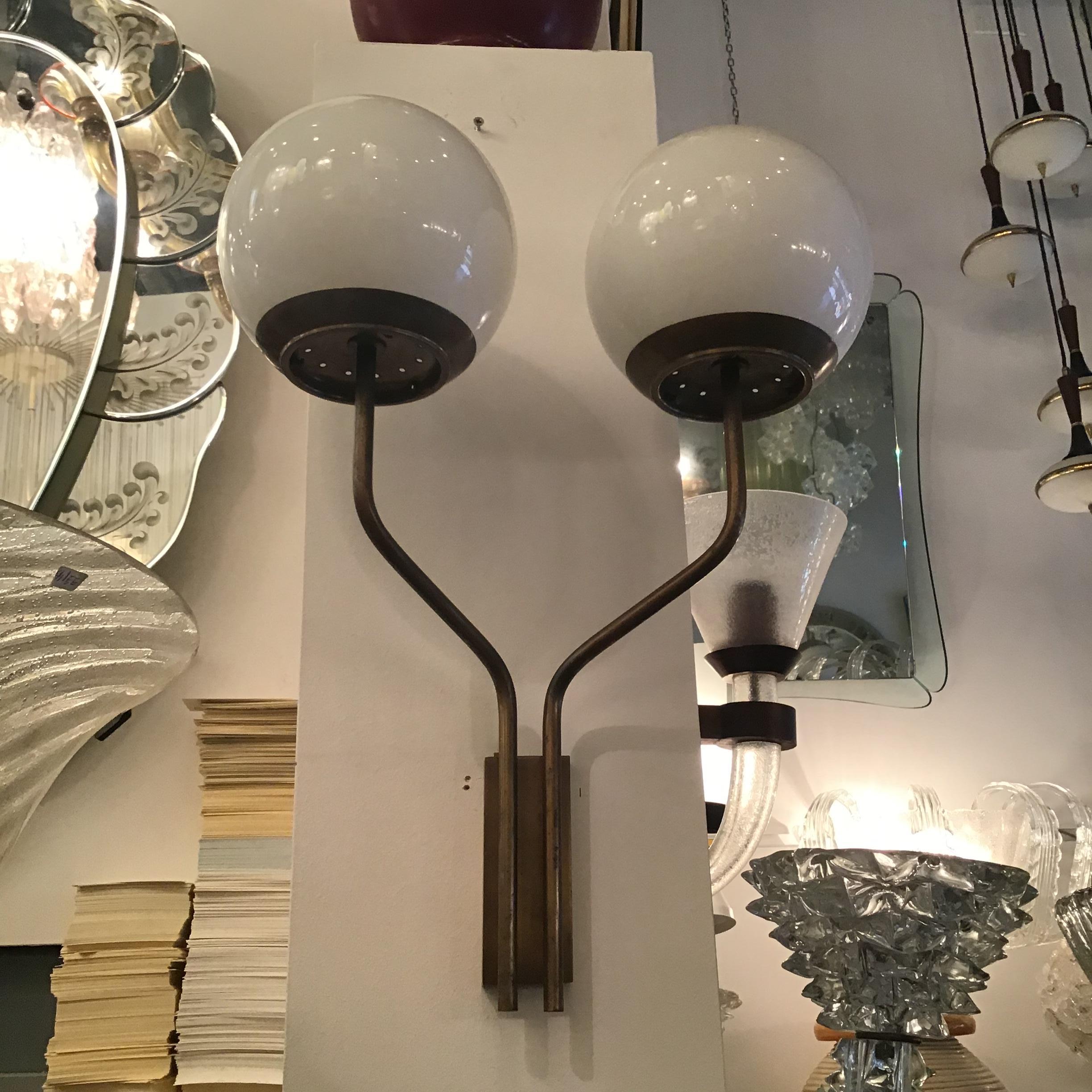 Candle Sconces Two Lights Brass Glass, 1960, Italy For Sale 5