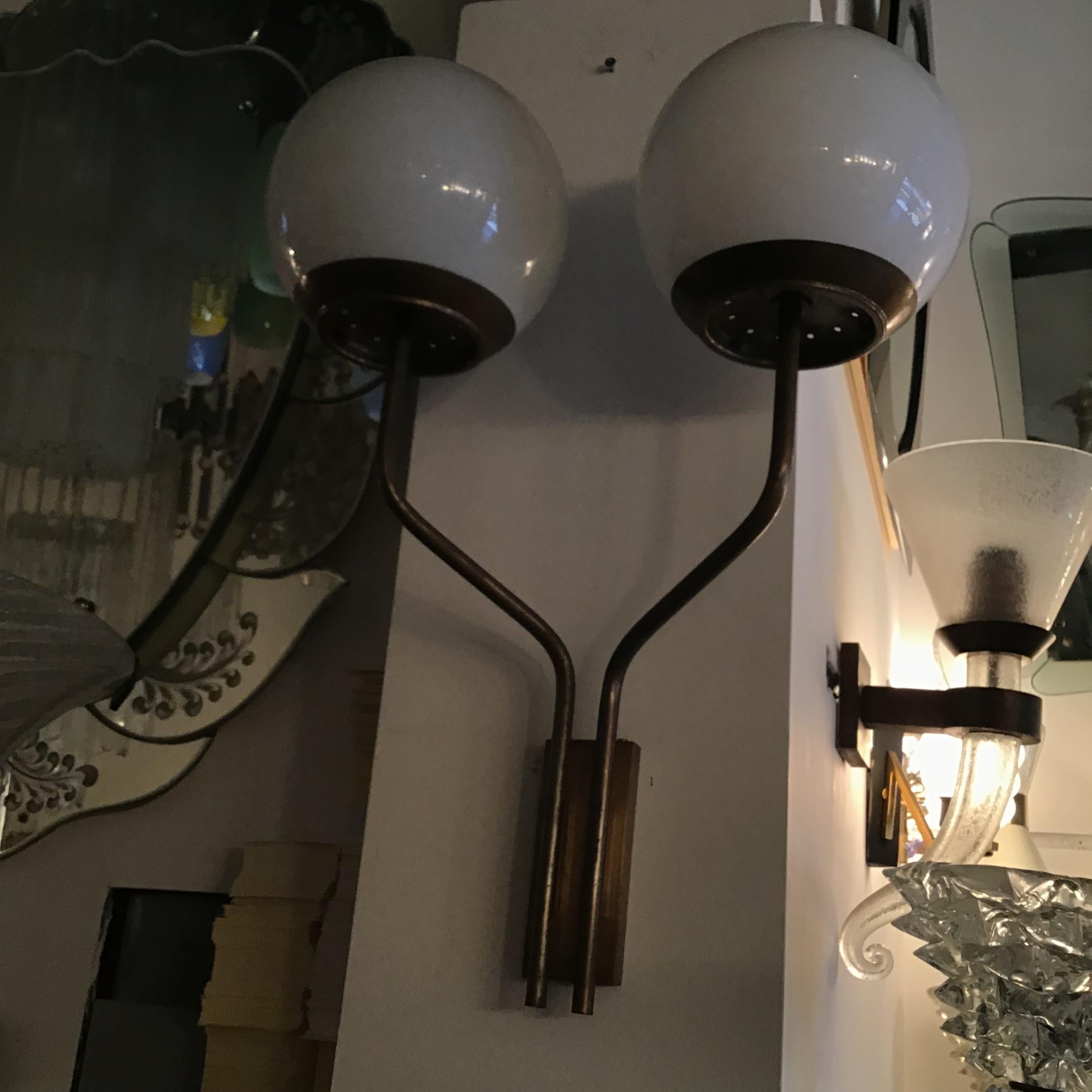 Candle Sconces Two Lights Brass Glass, 1960, Italy In Good Condition For Sale In Milano, IT