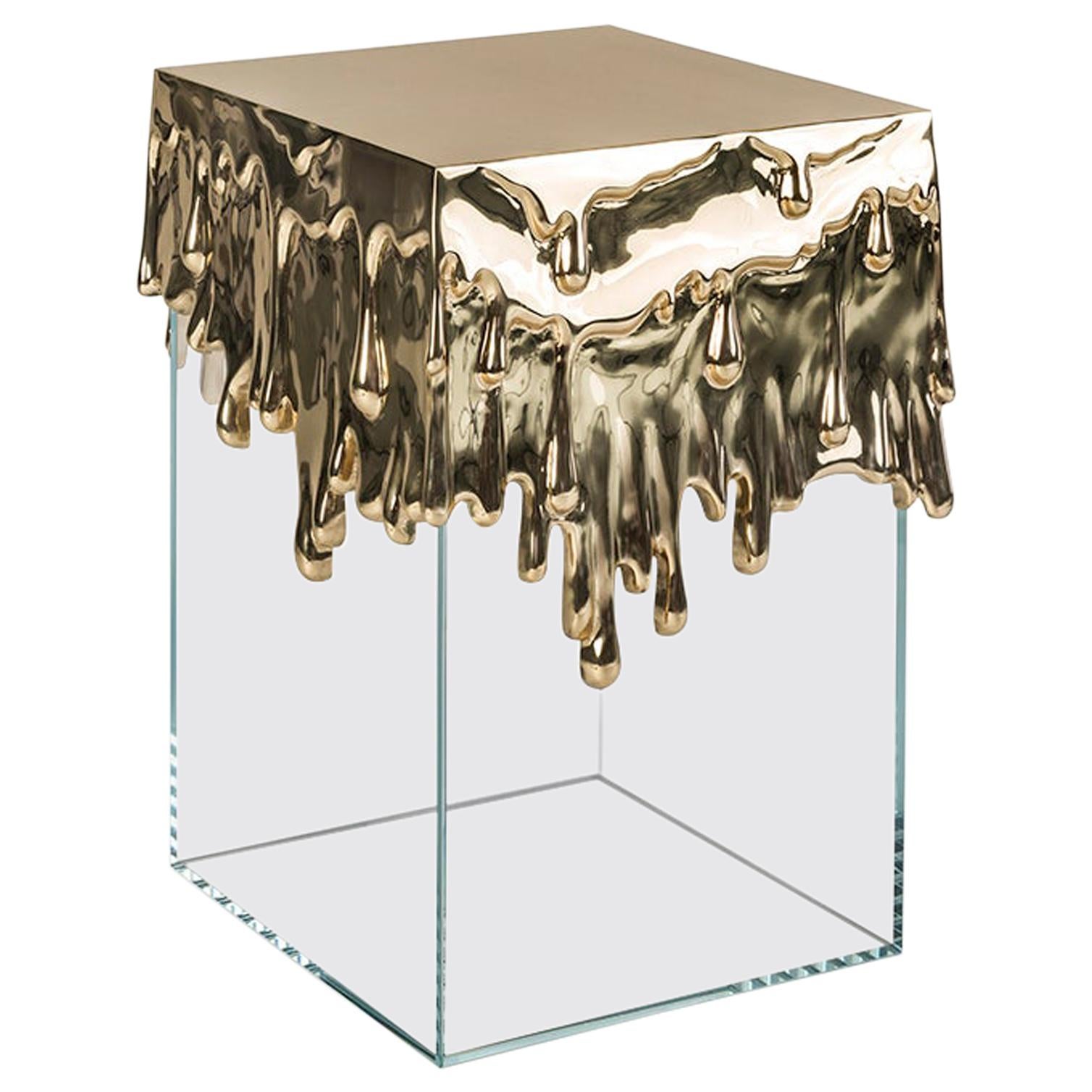 Modern Art Candle Side Table in Polished Brass Cast and Glass Base, Metal Work