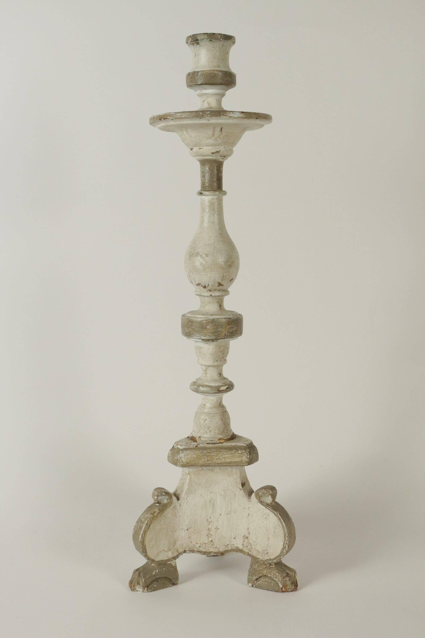 Louis XIII Candle Stick in Sculpted Wood from the 19th Century Repainted in 20th Century