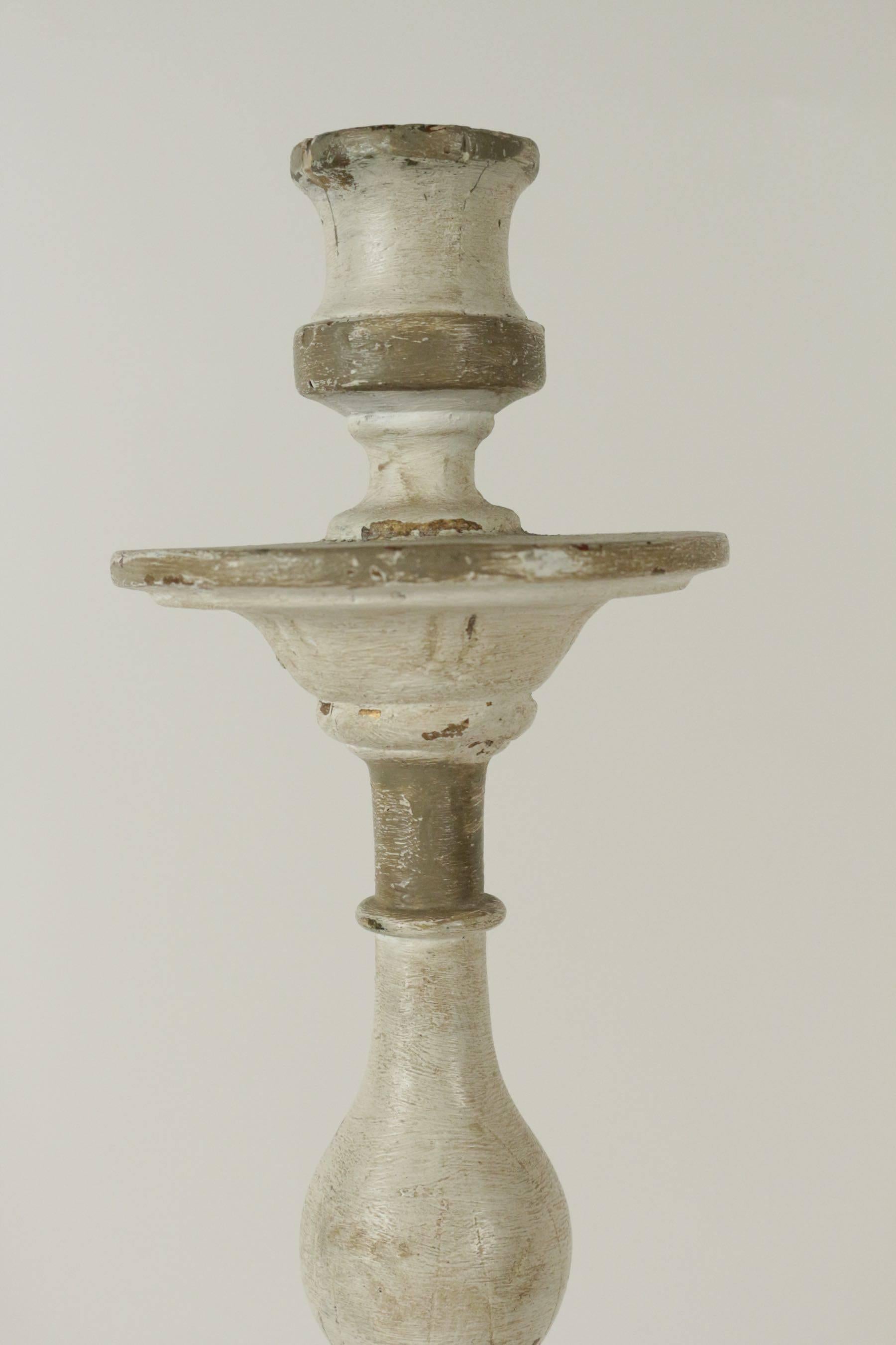 French Candle Stick in Sculpted Wood from the 19th Century Repainted in 20th Century